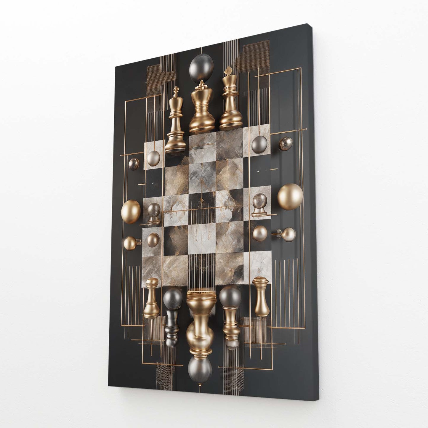 Golden Marble Board Chess Canvas Art – angled canvas view on white background