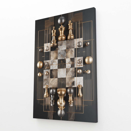 Golden Marble Board Chess Canvas Art – angled canvas view on white background