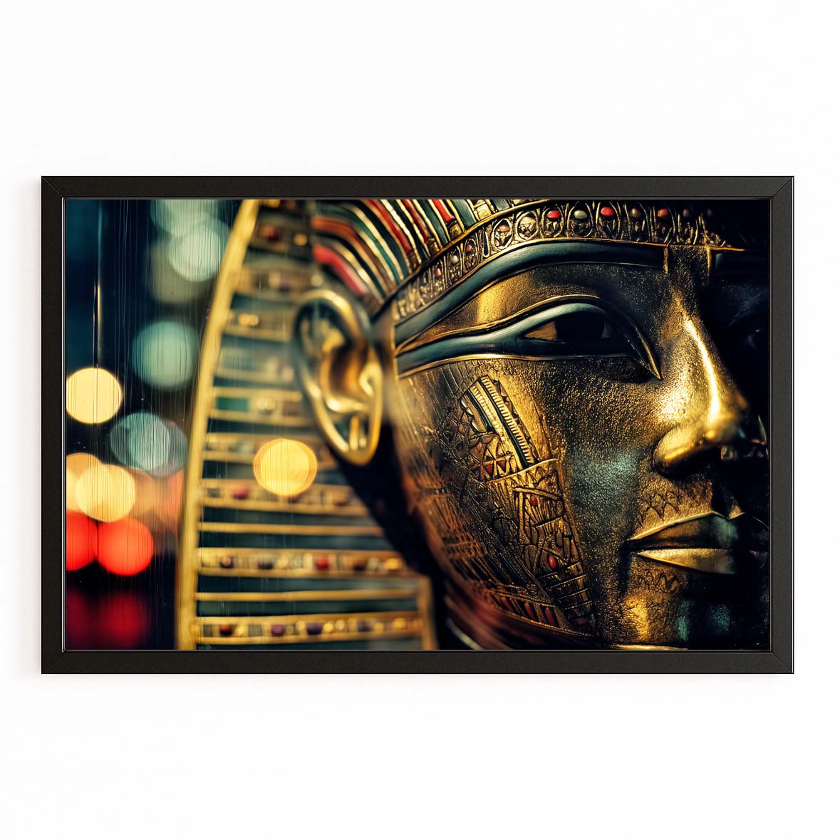 Golden Mask Bokeh Egyptian Canvas – with Premium Black frame on white background