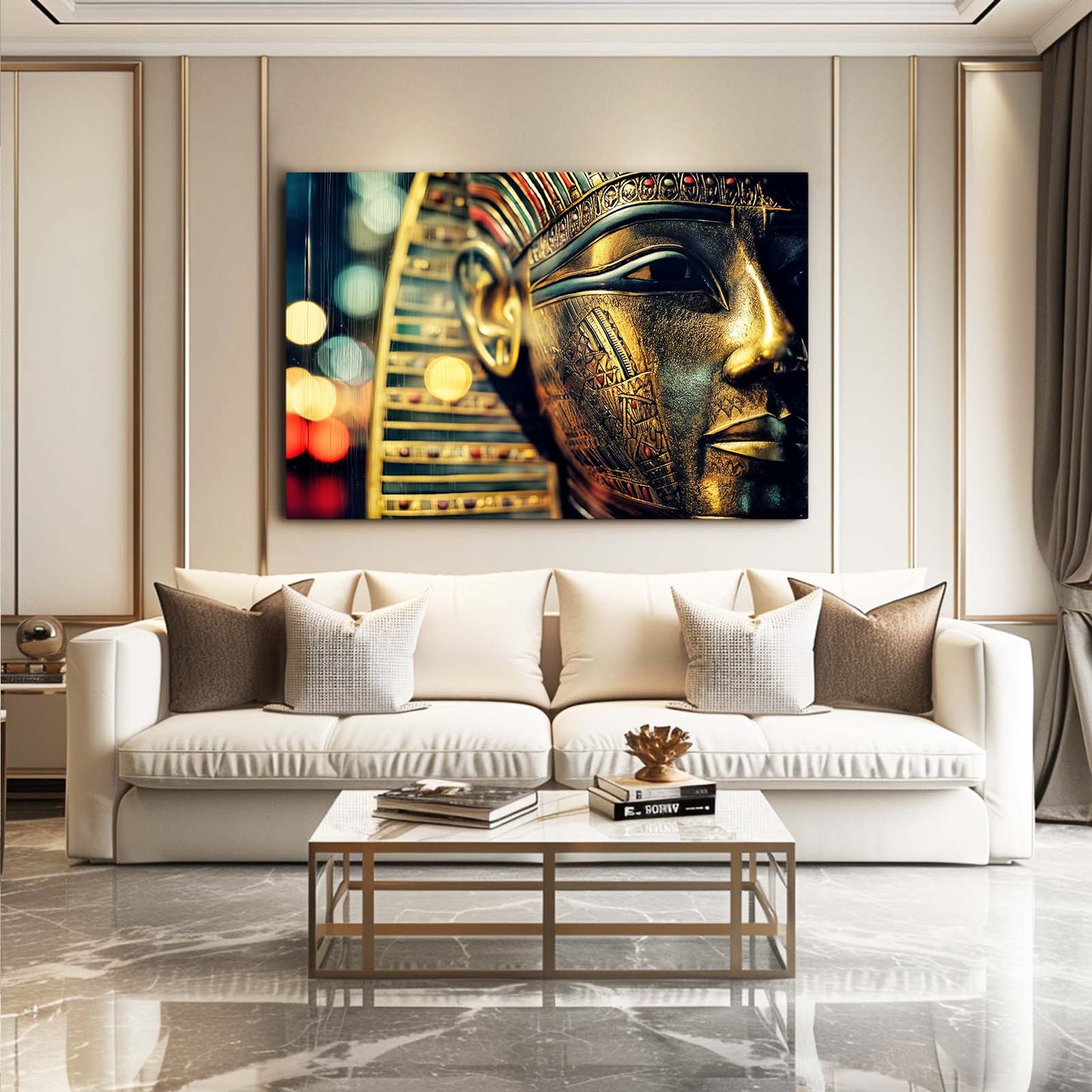 Golden Mask Bokeh Egyptian Canvas – styled in a furnished interior