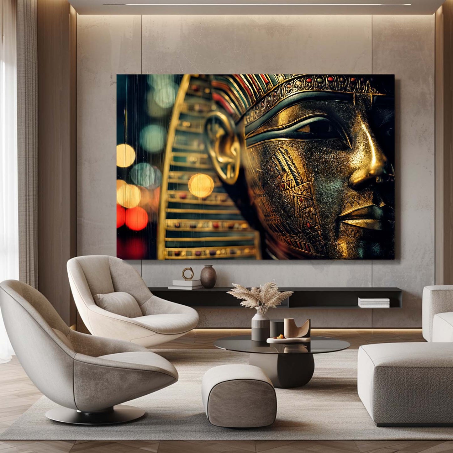 Golden Mask Bokeh Egyptian Canvas – styled in a furnished interior