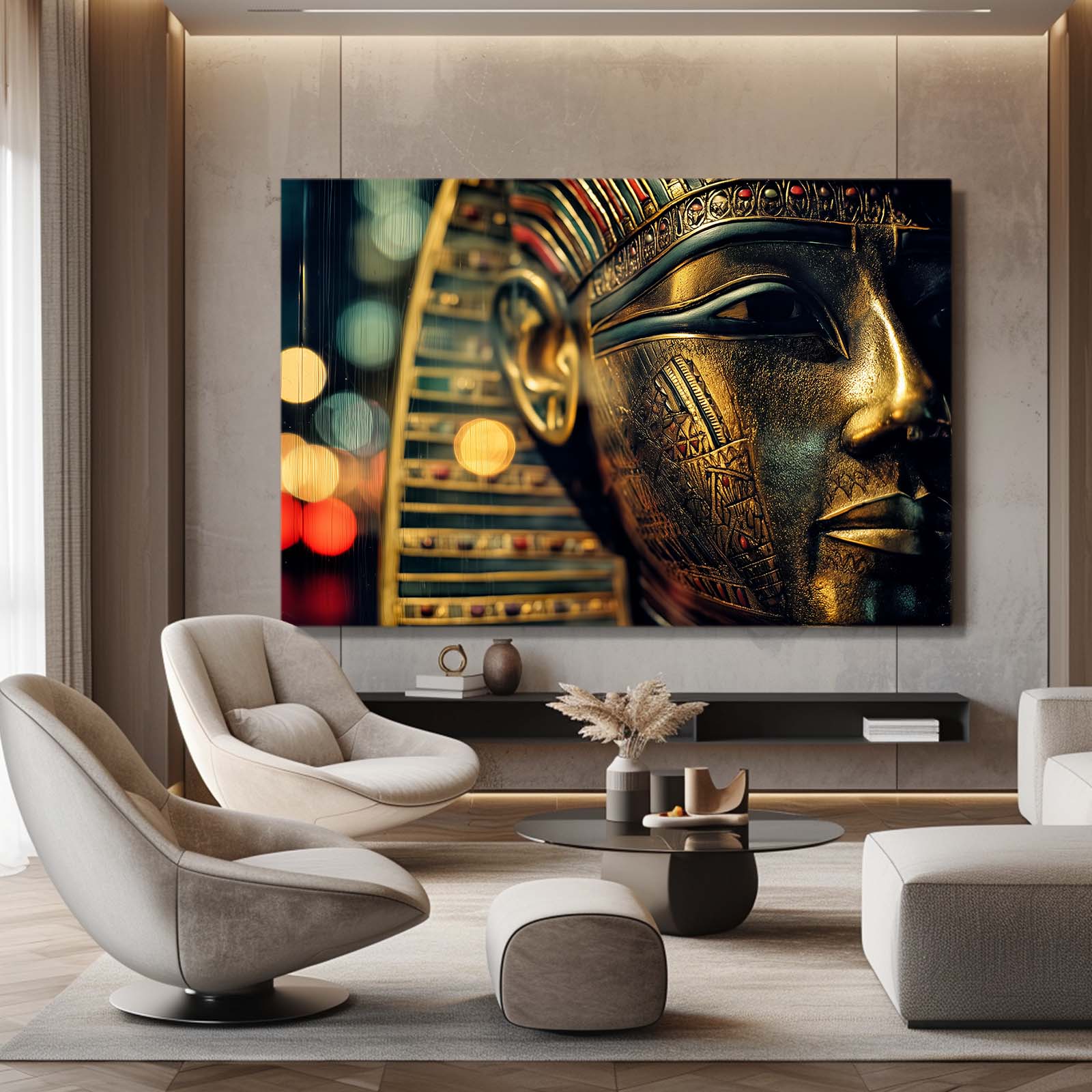 Golden Mask Bokeh Egyptian Canvas – styled in a furnished interior