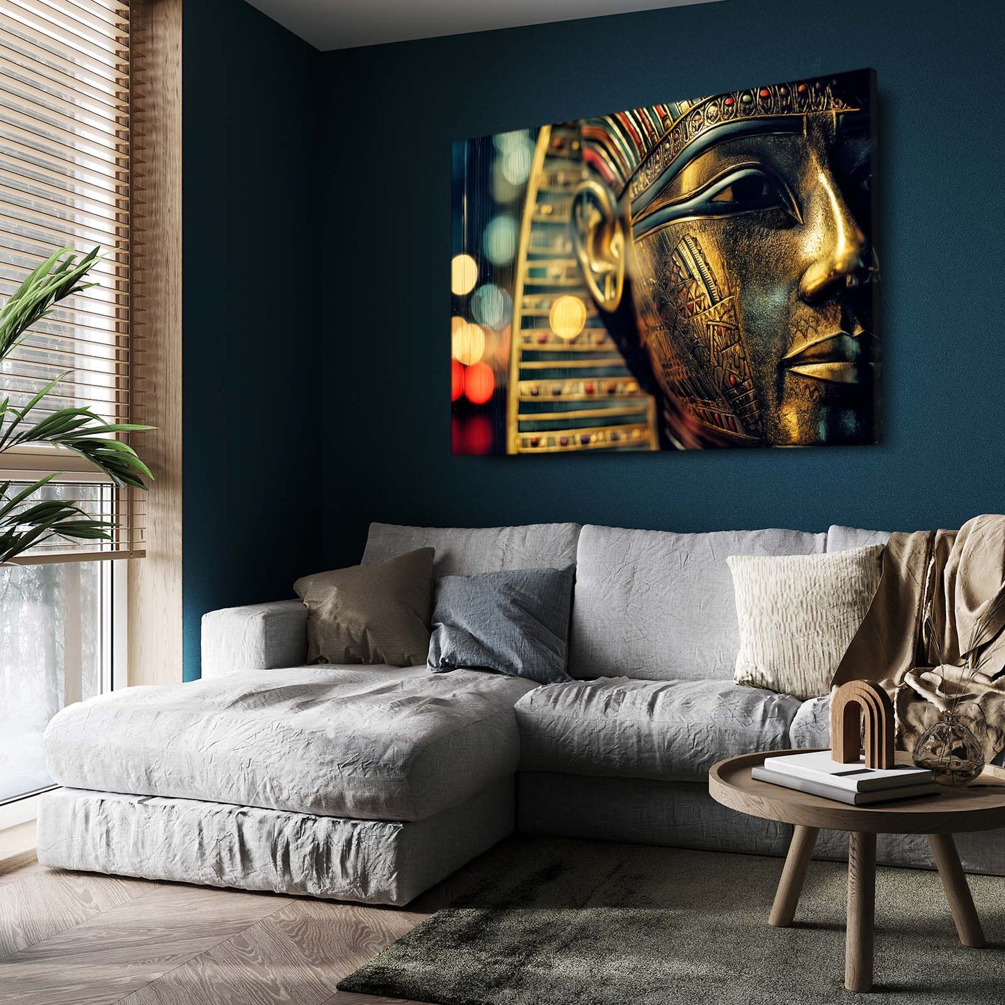Golden Mask Bokeh Egyptian Canvas – styled in a furnished interior