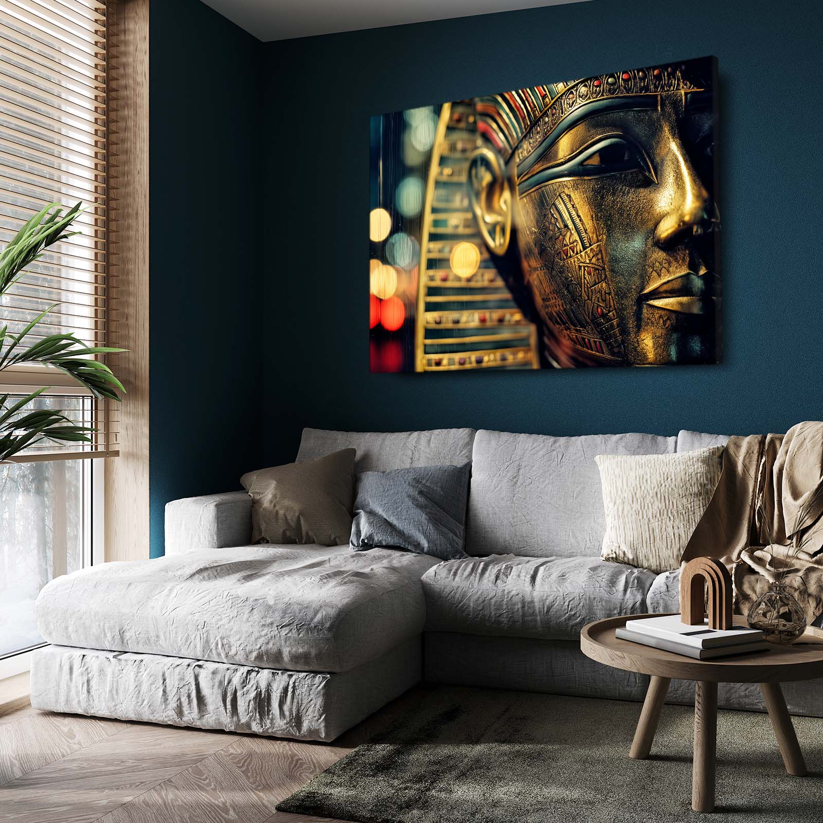 Golden Mask Bokeh Egyptian Canvas – styled in a furnished interior