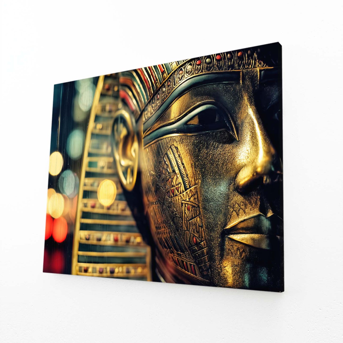 Golden Mask Bokeh Egyptian Canvas – angled canvas view on white background