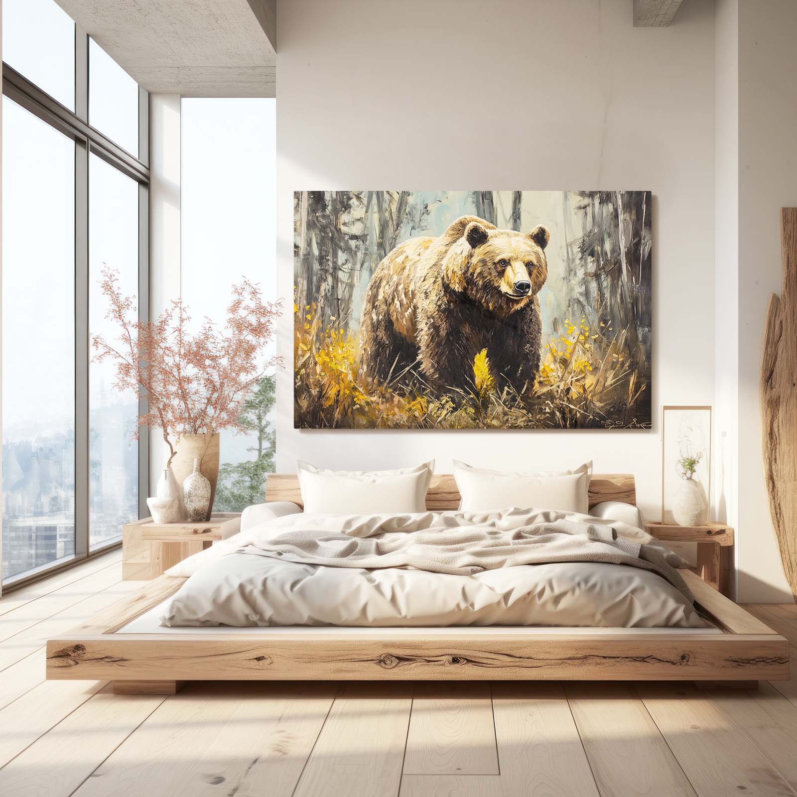 Golden Meadow Stride Bear Prints — contemporary canvas print, styled in a furnished interior