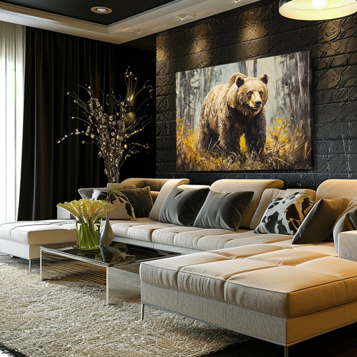 Golden Meadow Stride Bear Prints — contemporary canvas print, styled in a furnished interior