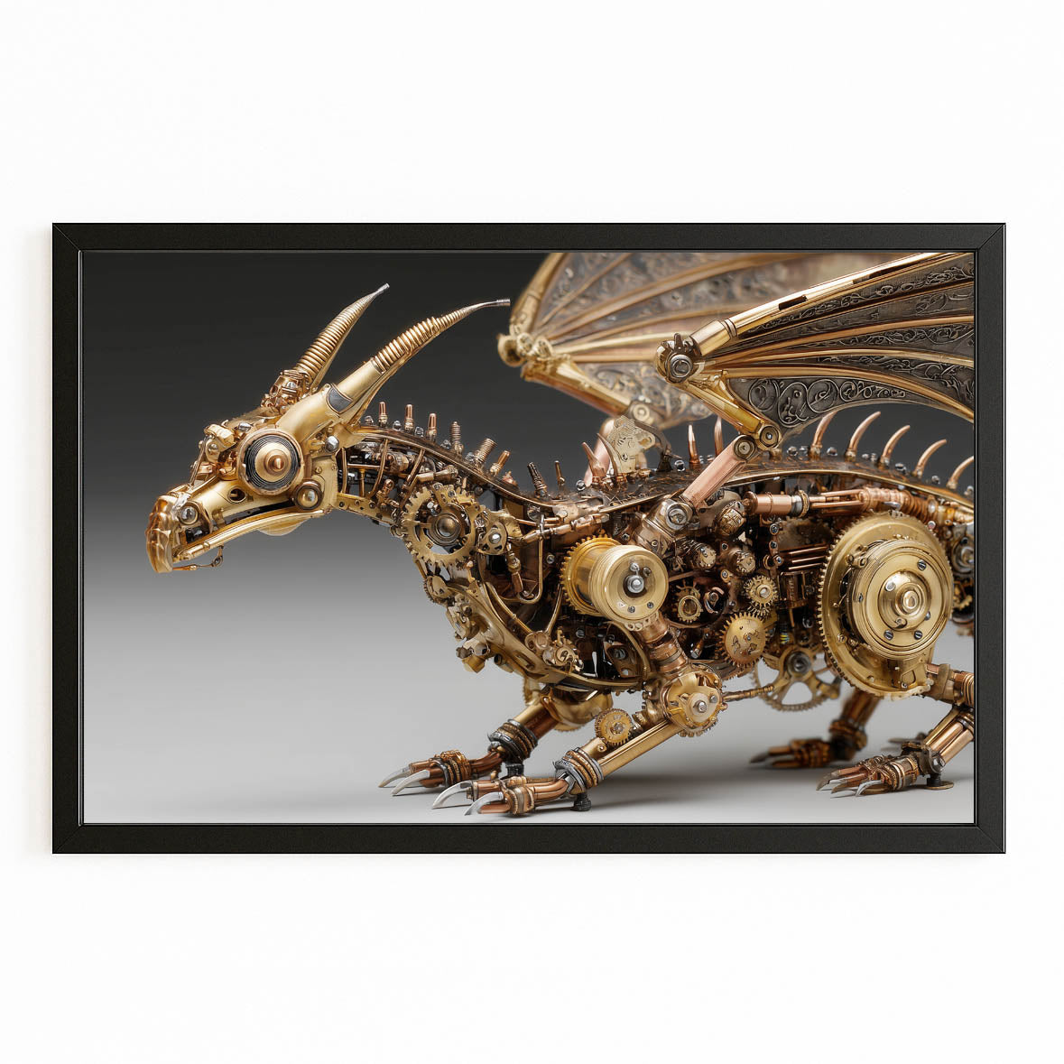 Golden Mechanical Dragon Steampunk Wall Decor – with Premium Black frame on white background