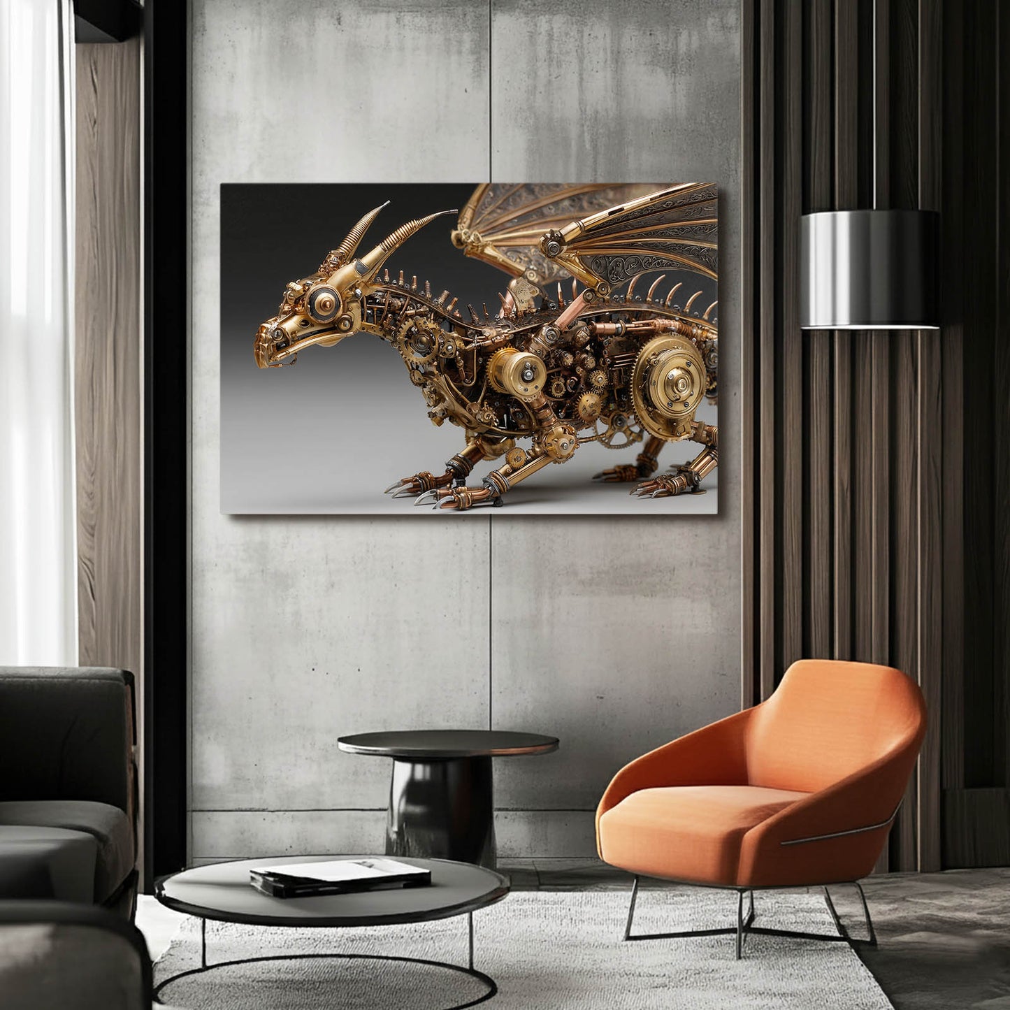 Golden Mechanical Dragon Steampunk Wall Decor – styled in a furnished interior