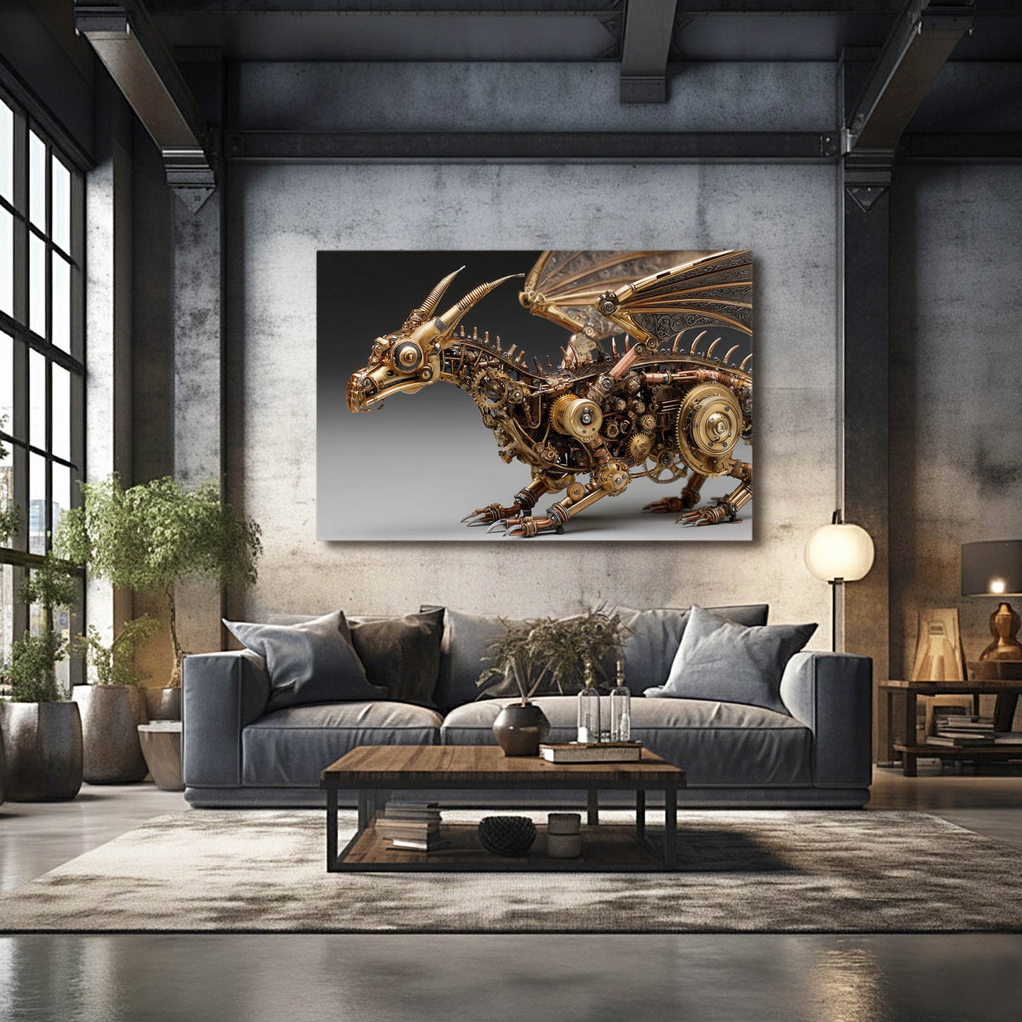 Golden Mechanical Dragon Steampunk Wall Decor – styled in a furnished interior