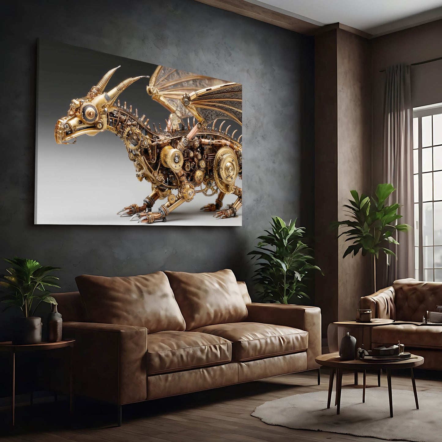 Golden Mechanical Dragon Steampunk Wall Decor – styled in a furnished interior