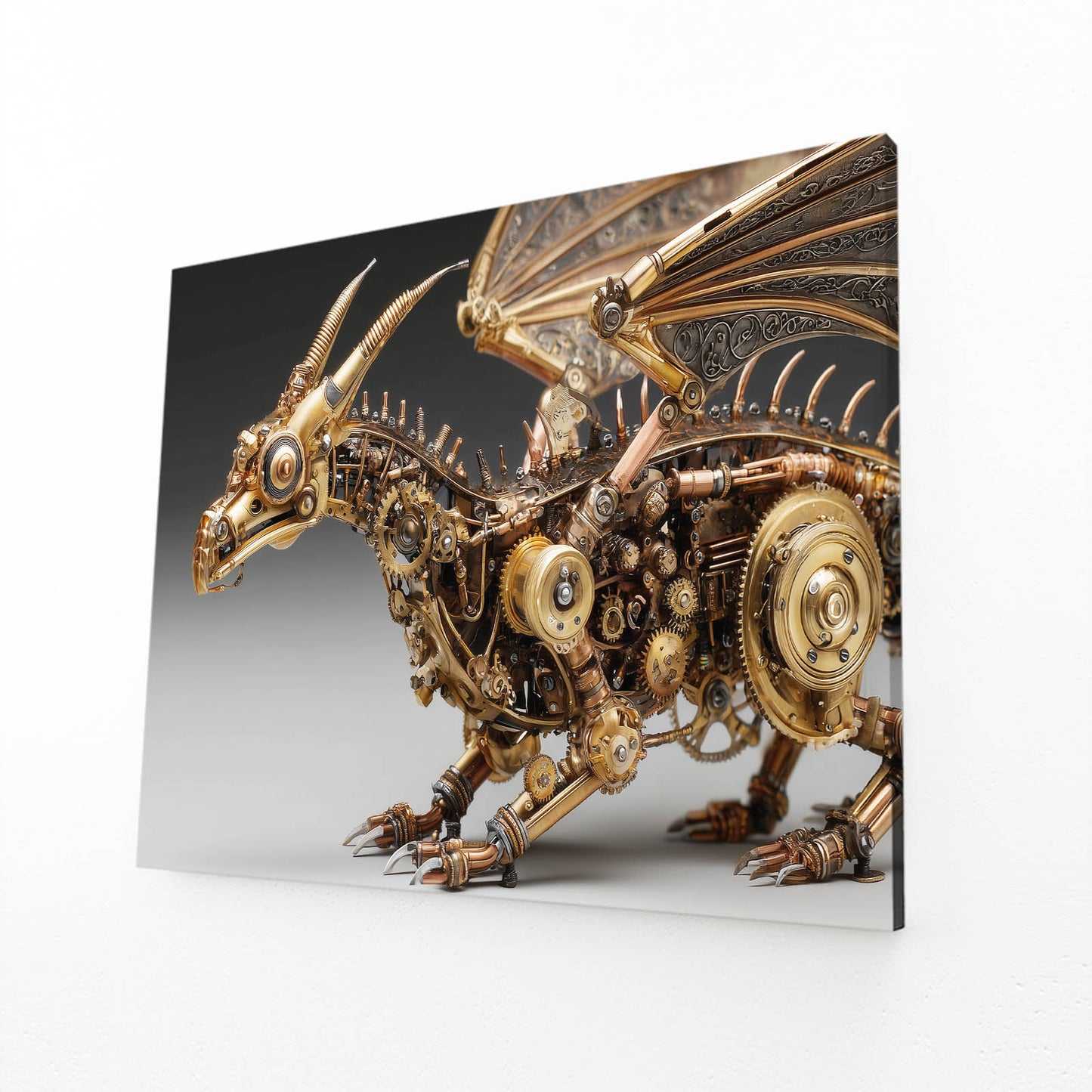 Golden Mechanical Dragon Steampunk Wall Decor – angled canvas view on white background