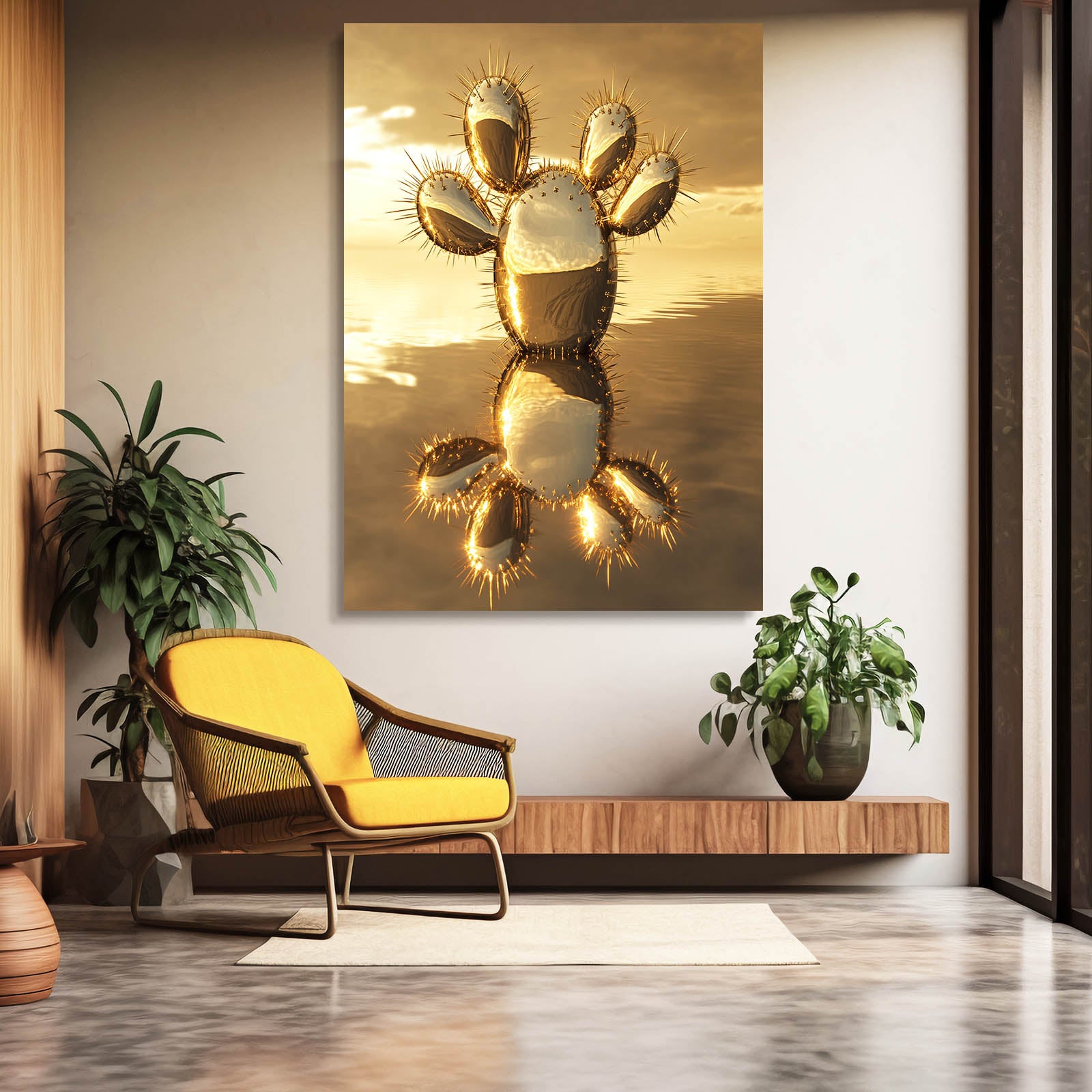 Golden Metal Sunset Cactus Wall Decor – styled in a furnished interior