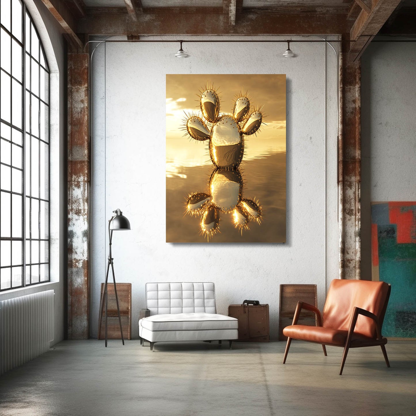 Golden Metal Sunset Cactus Wall Decor – styled in a furnished interior