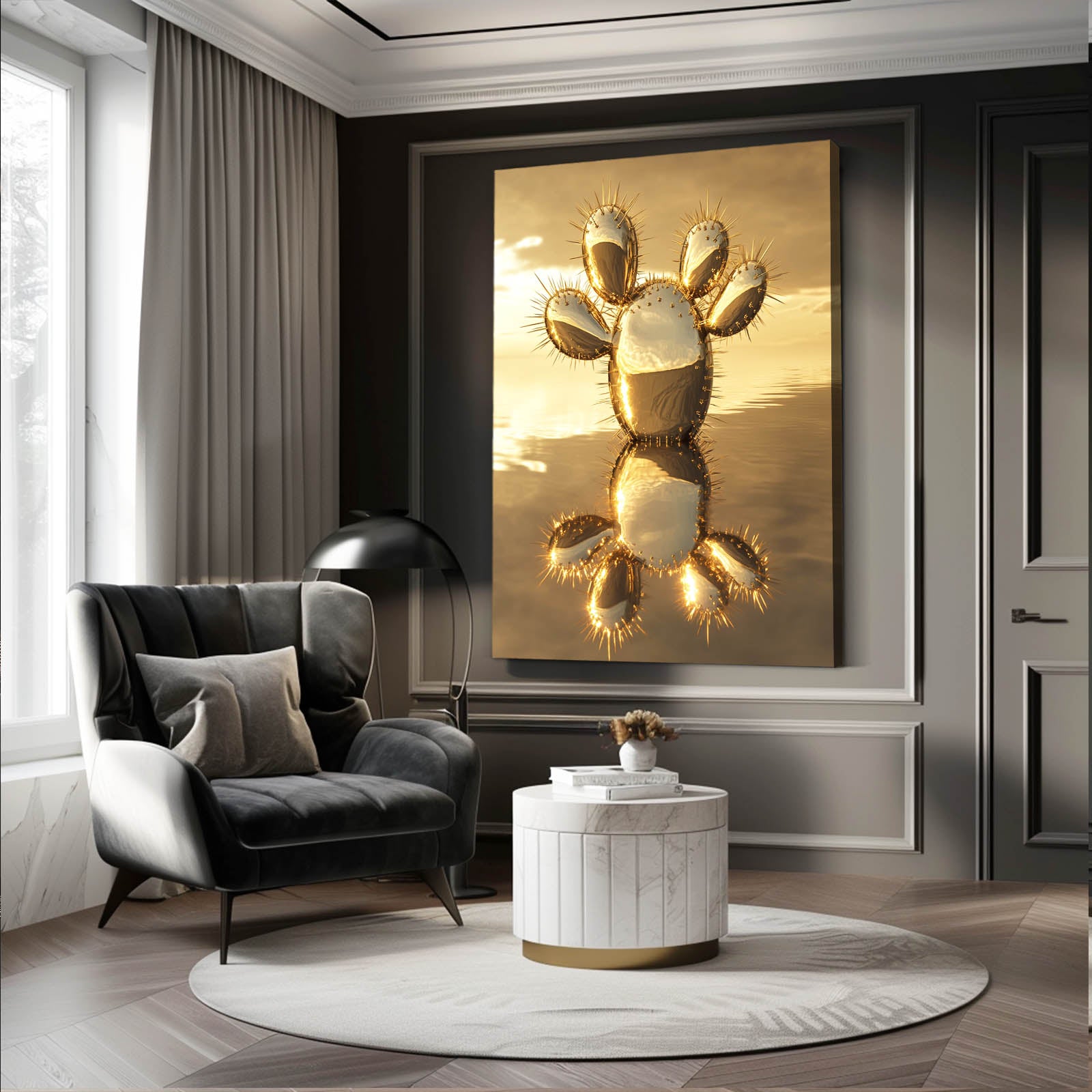 Golden Metal Sunset Cactus Wall Decor – styled in a furnished interior
