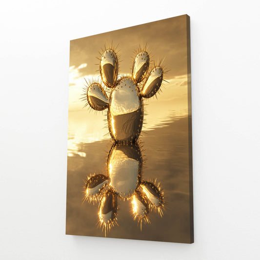 Golden Metal Sunset Cactus Wall Decor – angled canvas view on white background