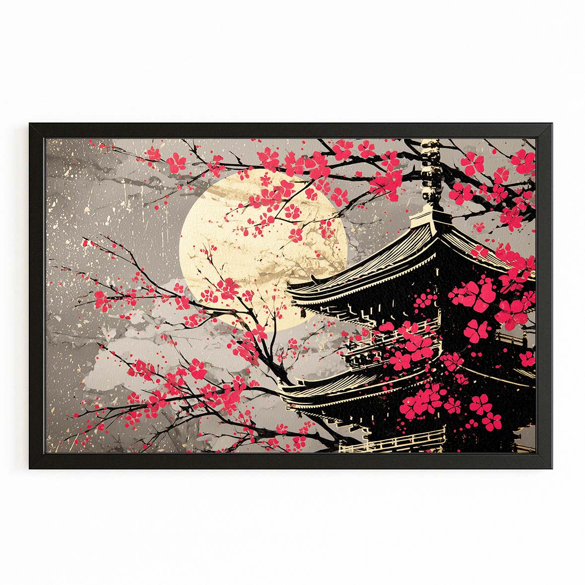 Golden Moon Temple Cherry Blossom Art – with Premium Black frame on white background