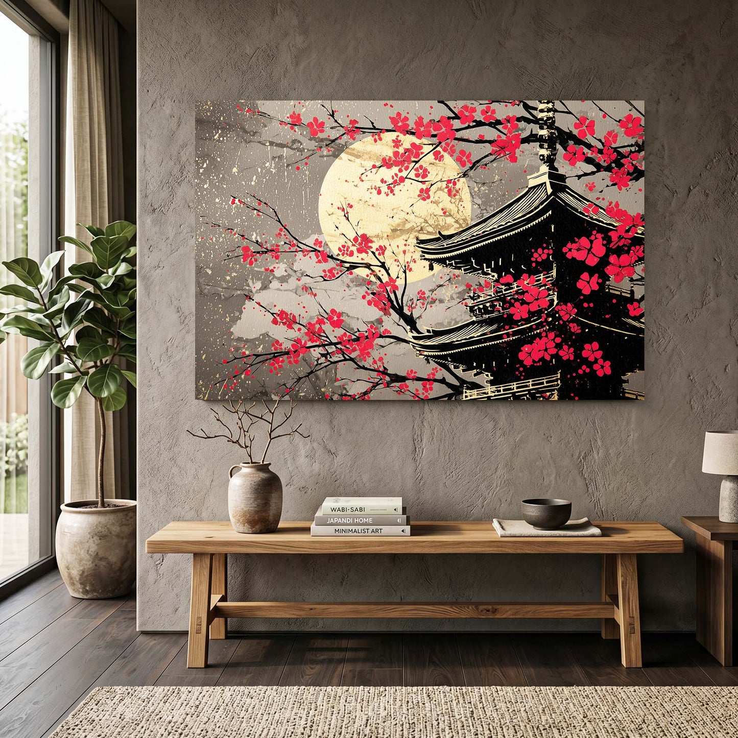 Golden Moon Temple Cherry Blossom Art – styled in a furnished interior