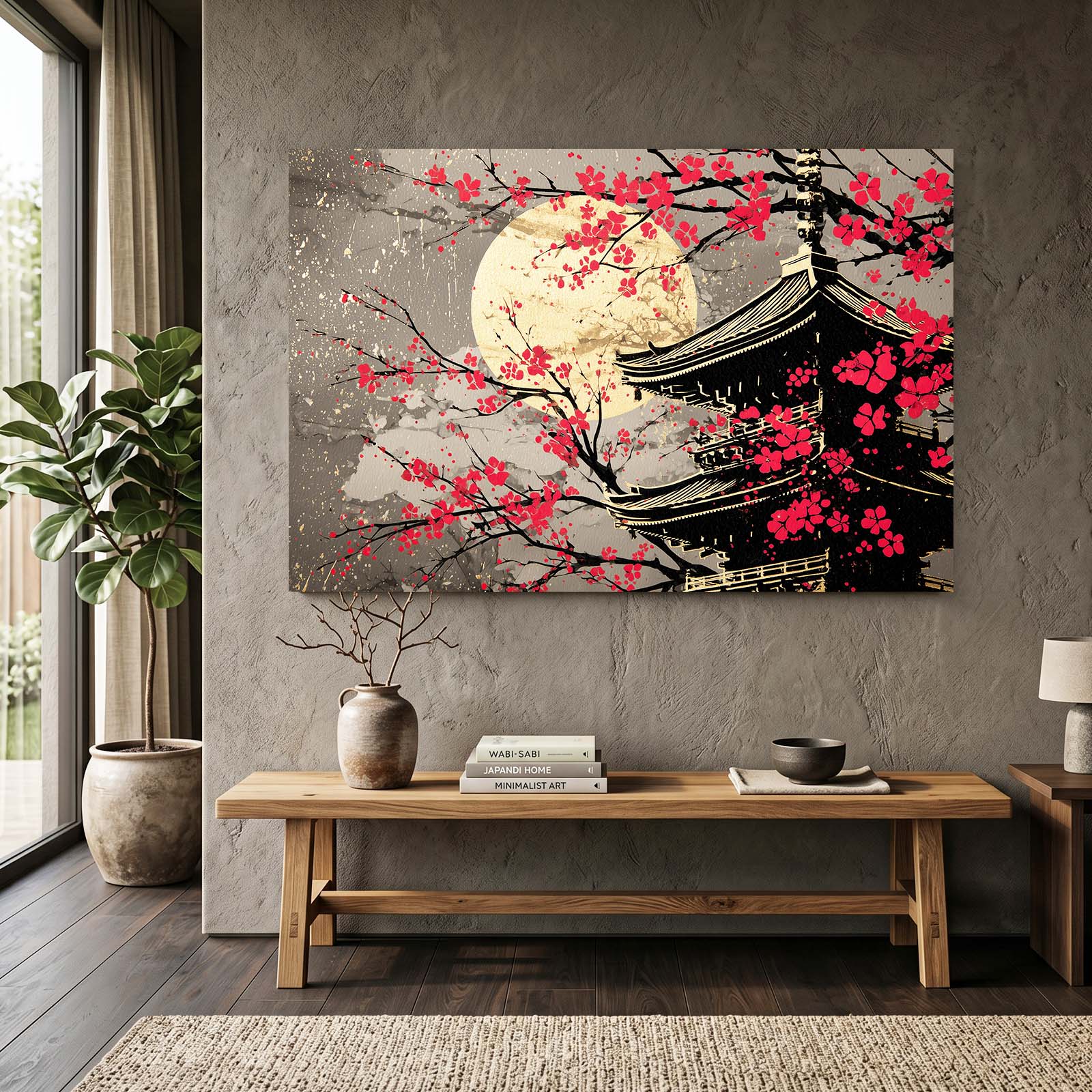 Golden Moon Temple Cherry Blossom Art – styled in a furnished interior