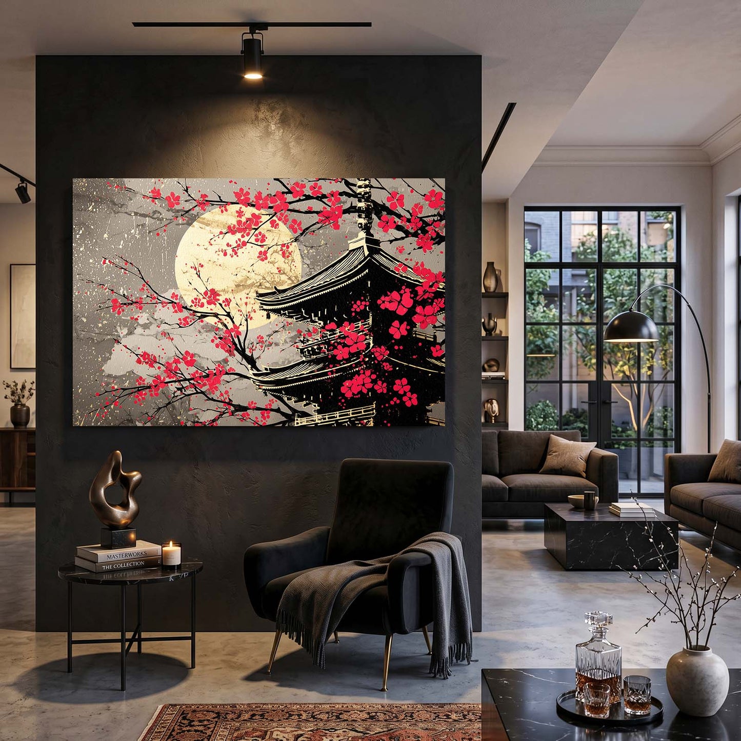 Golden Moon Temple Cherry Blossom Art – styled in a furnished interior