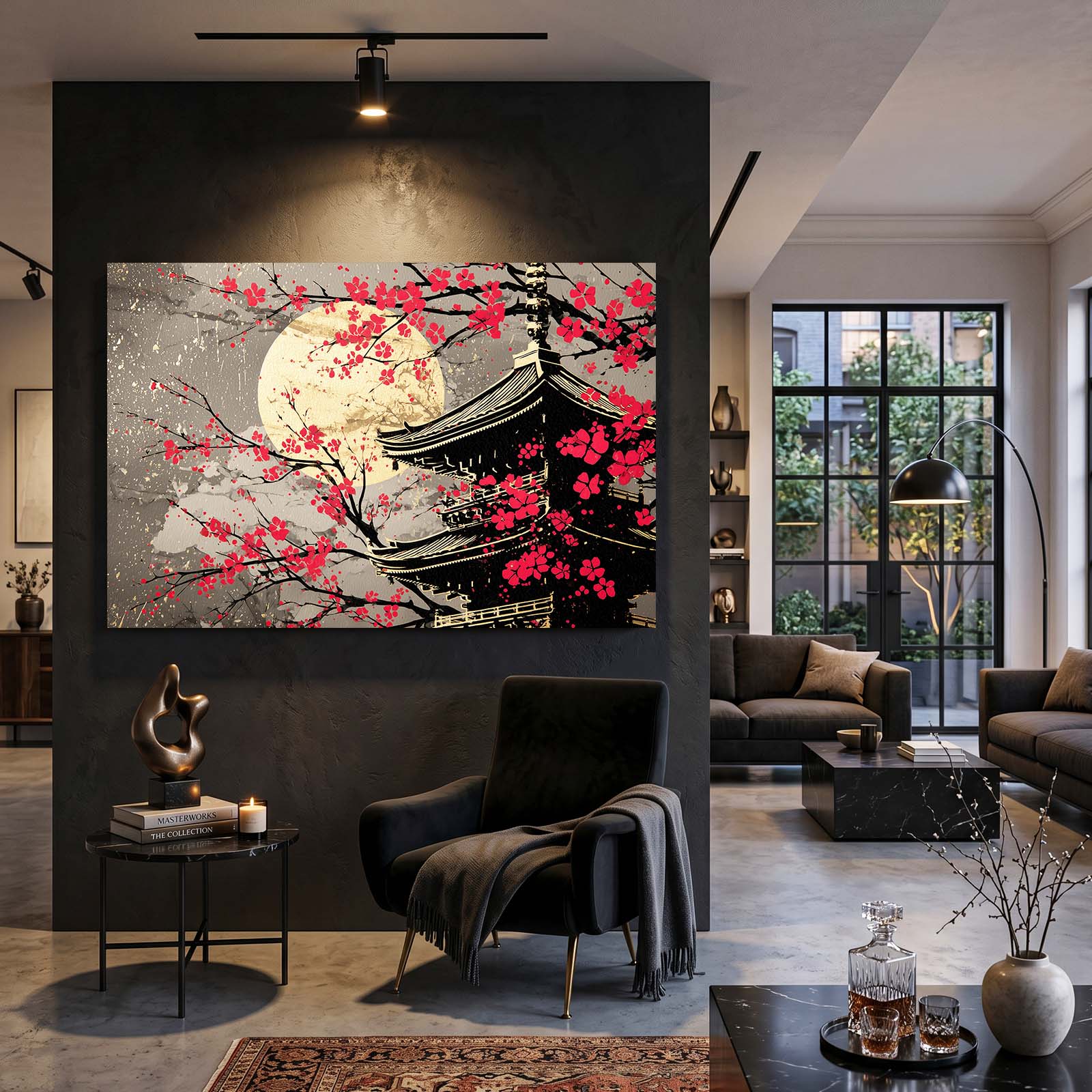 Golden Moon Temple Cherry Blossom Art – styled in a furnished interior