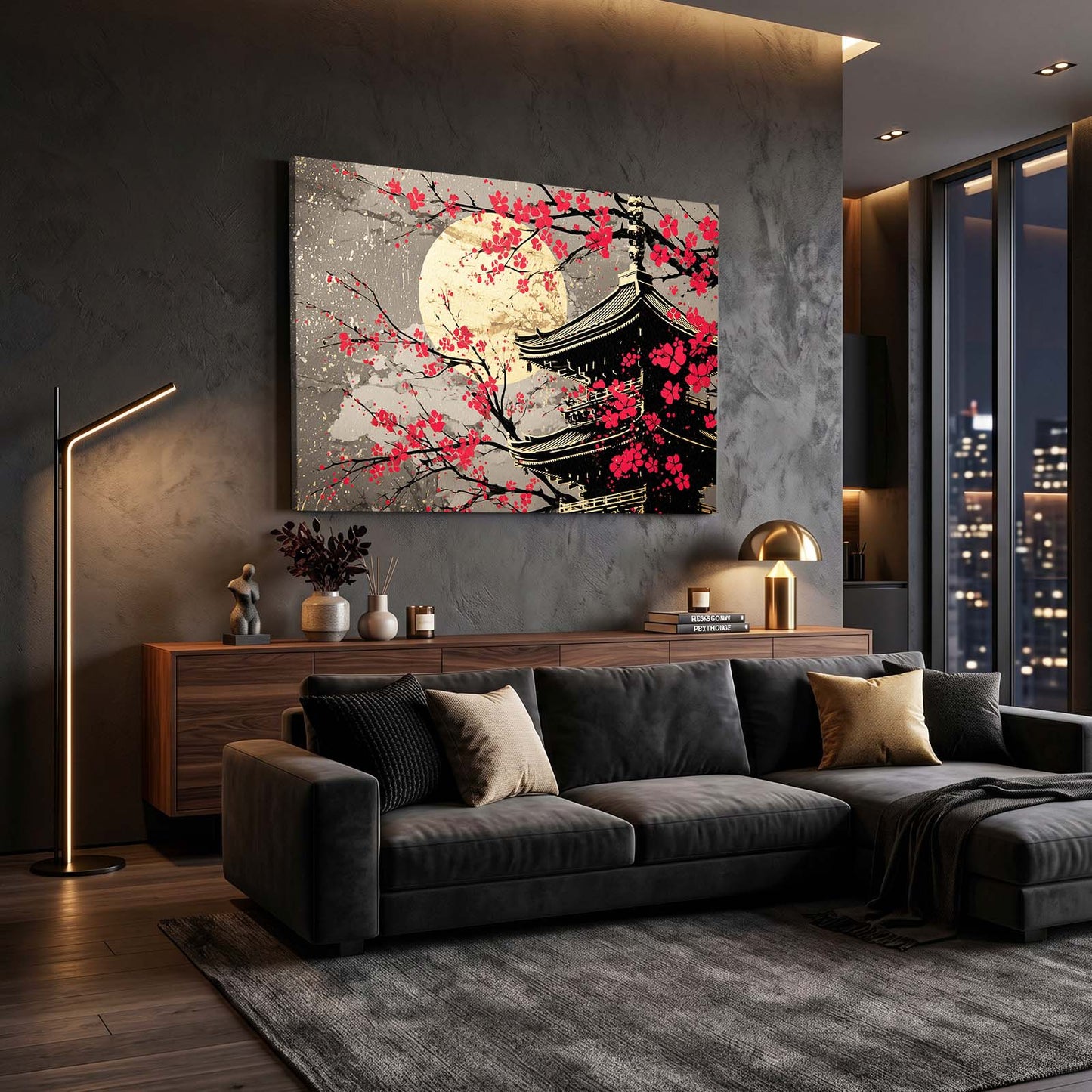 Golden Moon Temple Cherry Blossom Art – styled in a furnished interior
