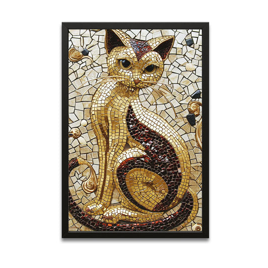 Golden Mosaic Cat Print Art — mosaic canvas print in orange tones, with Premium Black frame on white background