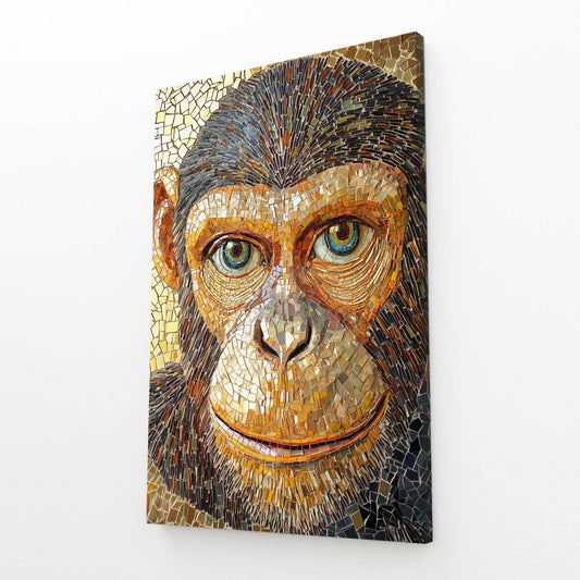 Golden Mosaic Tiles Monkey Wall Art – angled canvas view on white background