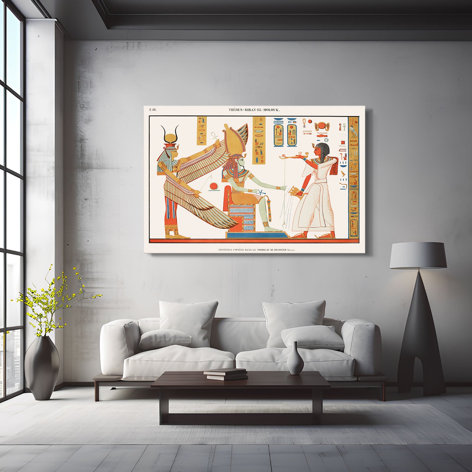 Golden Offering Scene Egyptian Canvas – styled in a furnished interior