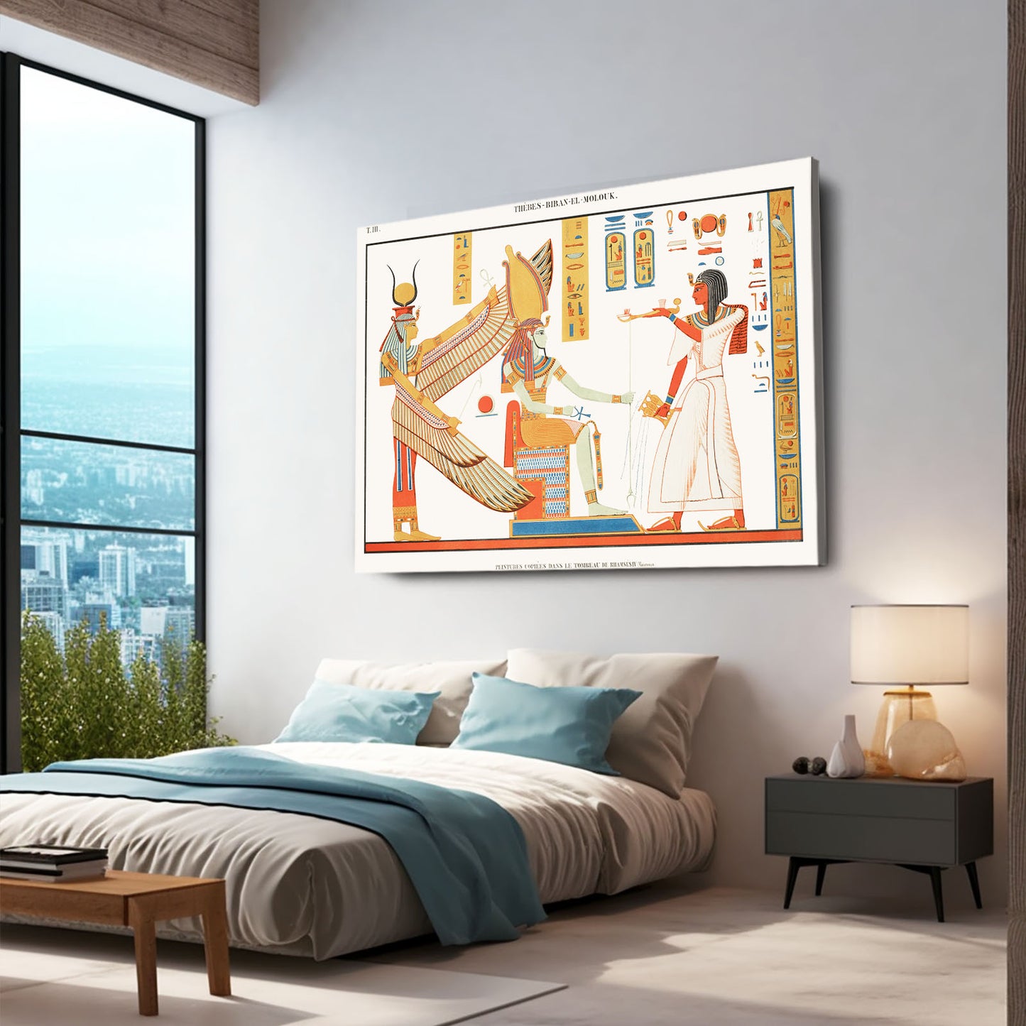 Golden Offering Scene Egyptian Canvas – styled in a furnished interior