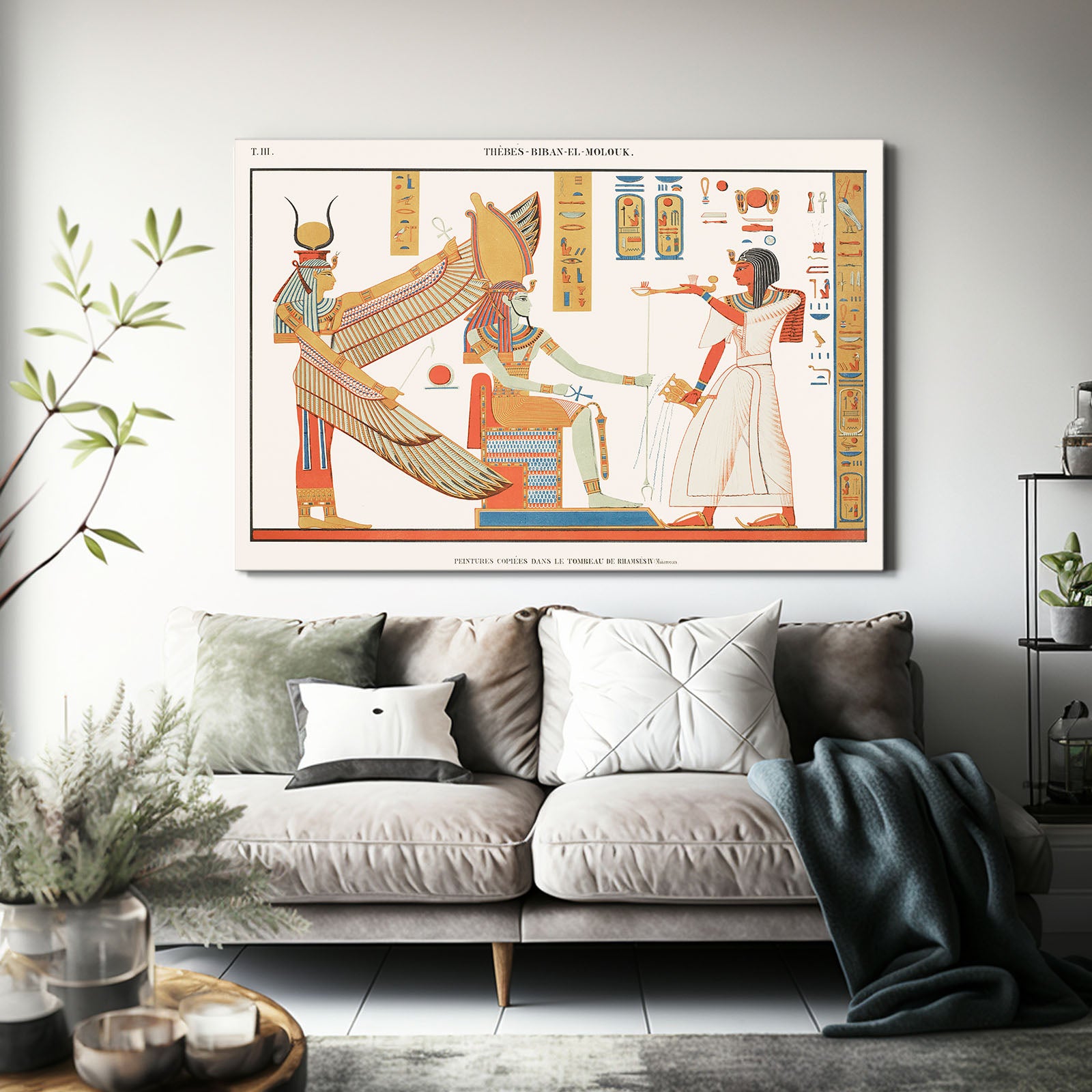 Golden Offering Scene Egyptian Canvas – styled in a furnished interior