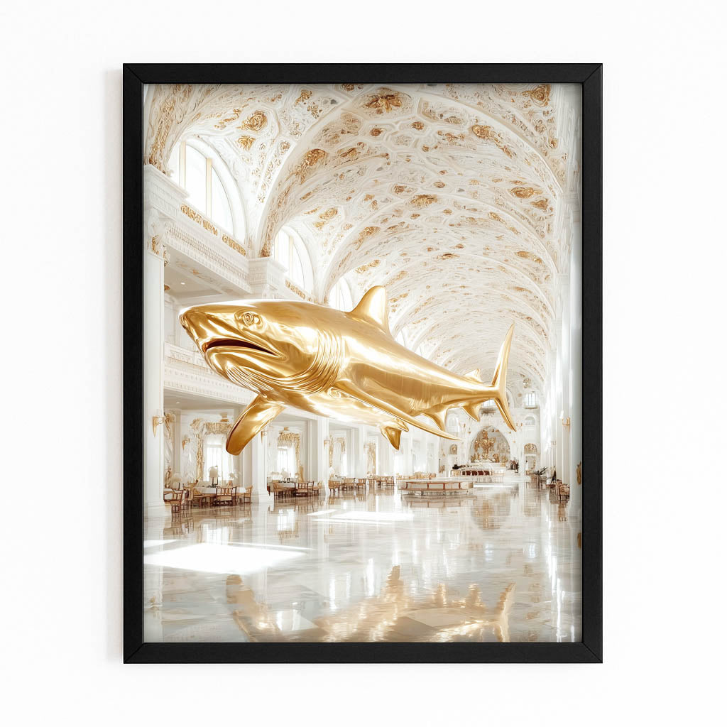 Golden Palace Baroque Shark Wall Art – with Premium Black frame on white background
