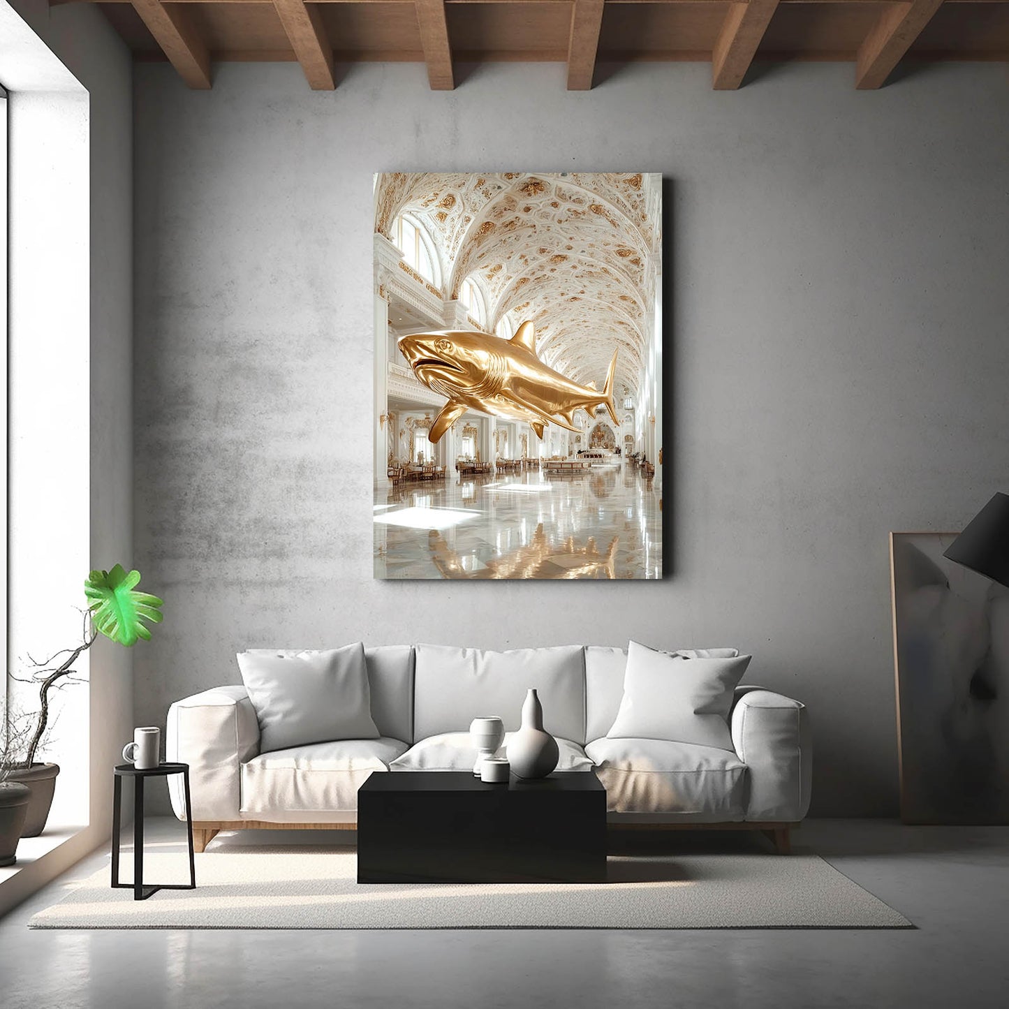 Golden Palace Baroque Shark Wall Art – styled in a furnished interior