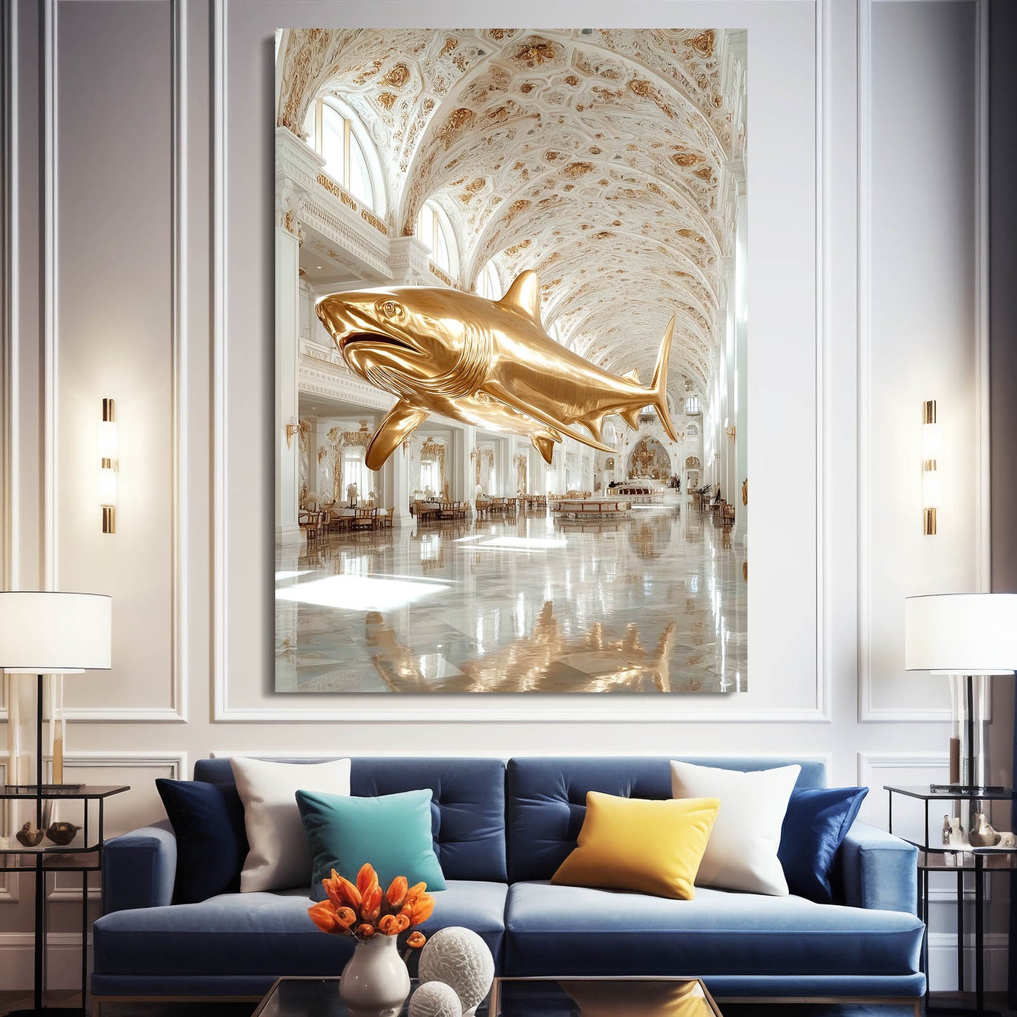 Golden Palace Baroque Shark Wall Art – styled in a furnished interior
