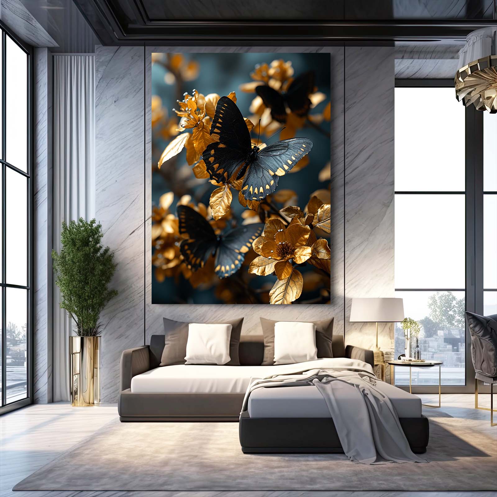 Golden Petals Butterfly Wall Art
