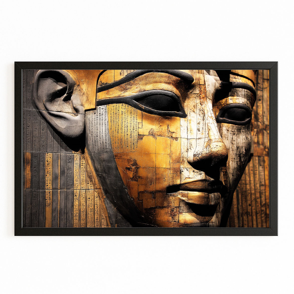 Golden Pharaoh Face Texture Egyptian Wall Decor – with Premium Black frame on white background