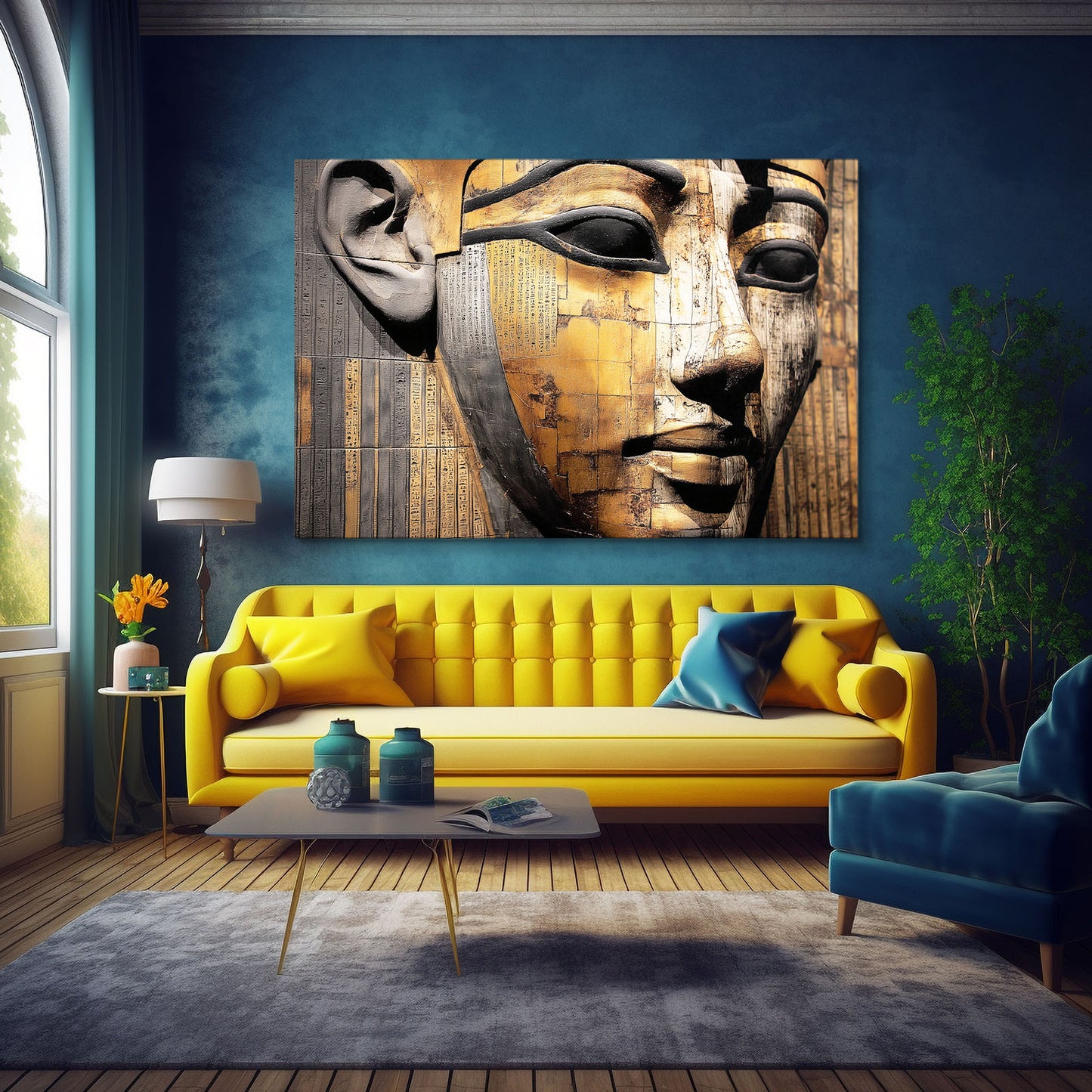 Golden Pharaoh Face Texture Egyptian Wall Decor – styled in a furnished interior