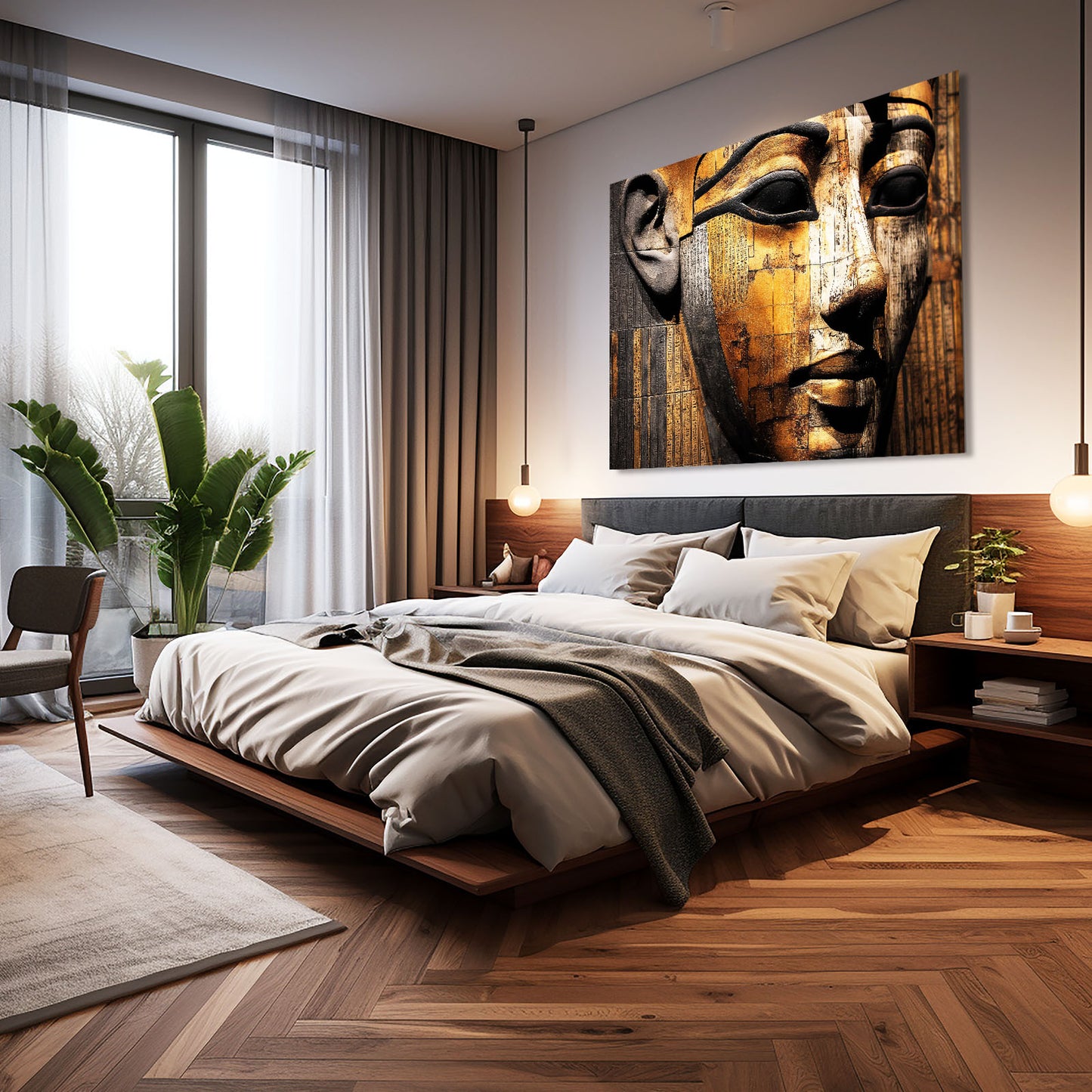 Golden Pharaoh Face Texture Egyptian Wall Decor – styled in a furnished interior