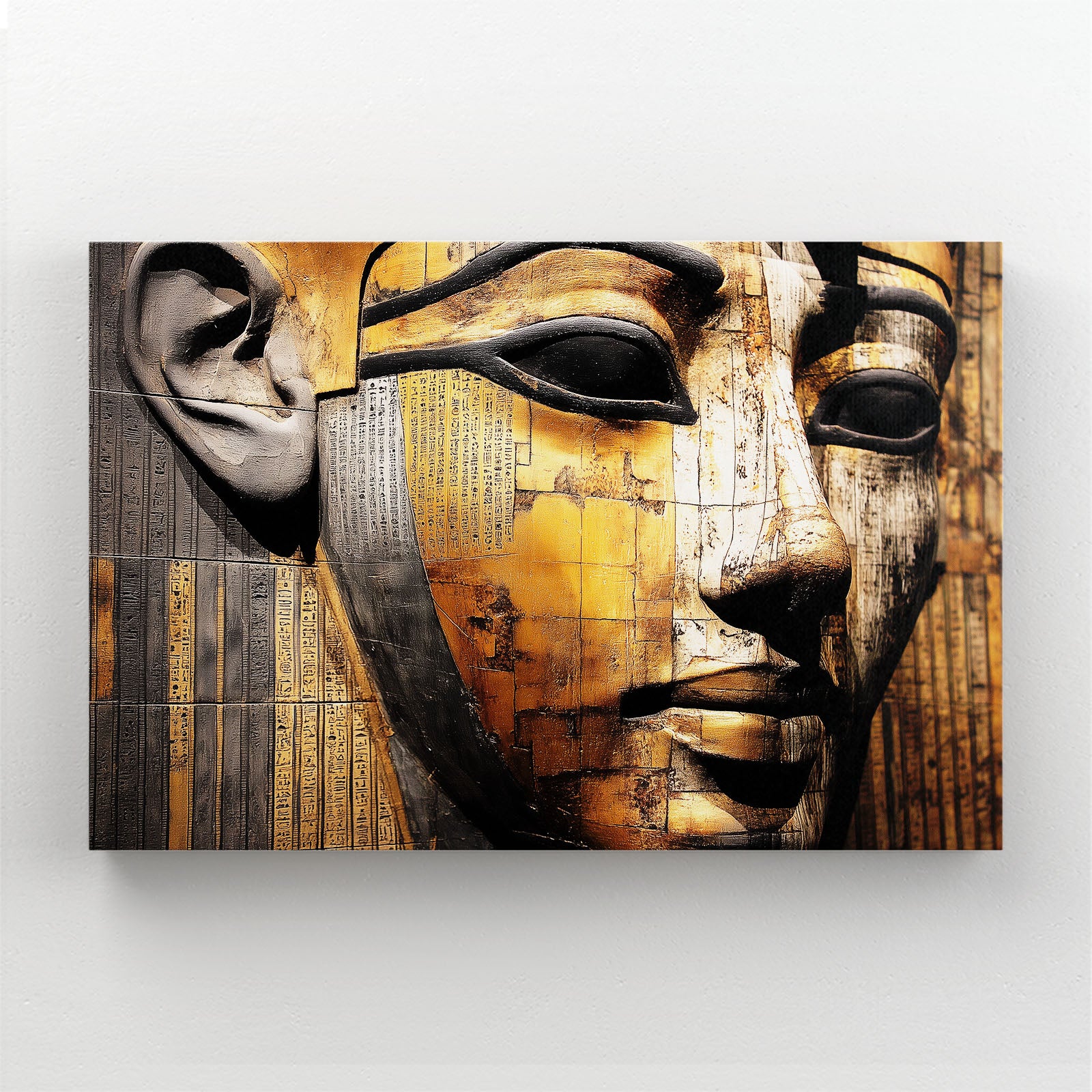 Golden Pharaoh Face Texture Egyptian Wall Decor – styled in a furnished interior
