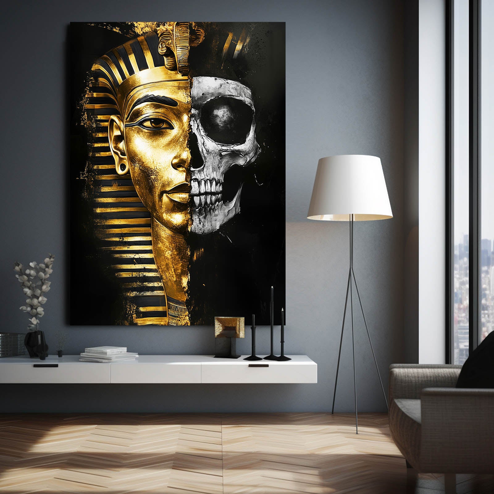 Golden Pharaoh Skull Egyptian Wall Art — contemporary canvas print, styled in a furnished interior