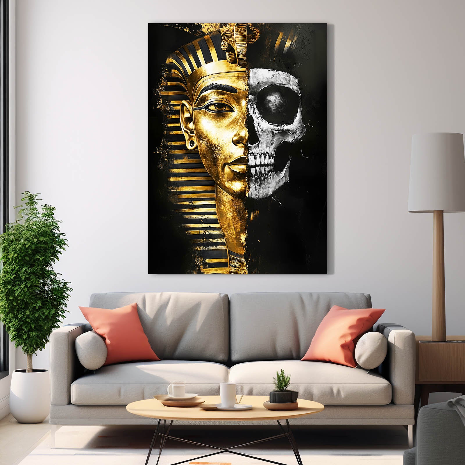 Golden Pharaoh Skull Egyptian Wall Art — contemporary canvas print, styled in a furnished interior