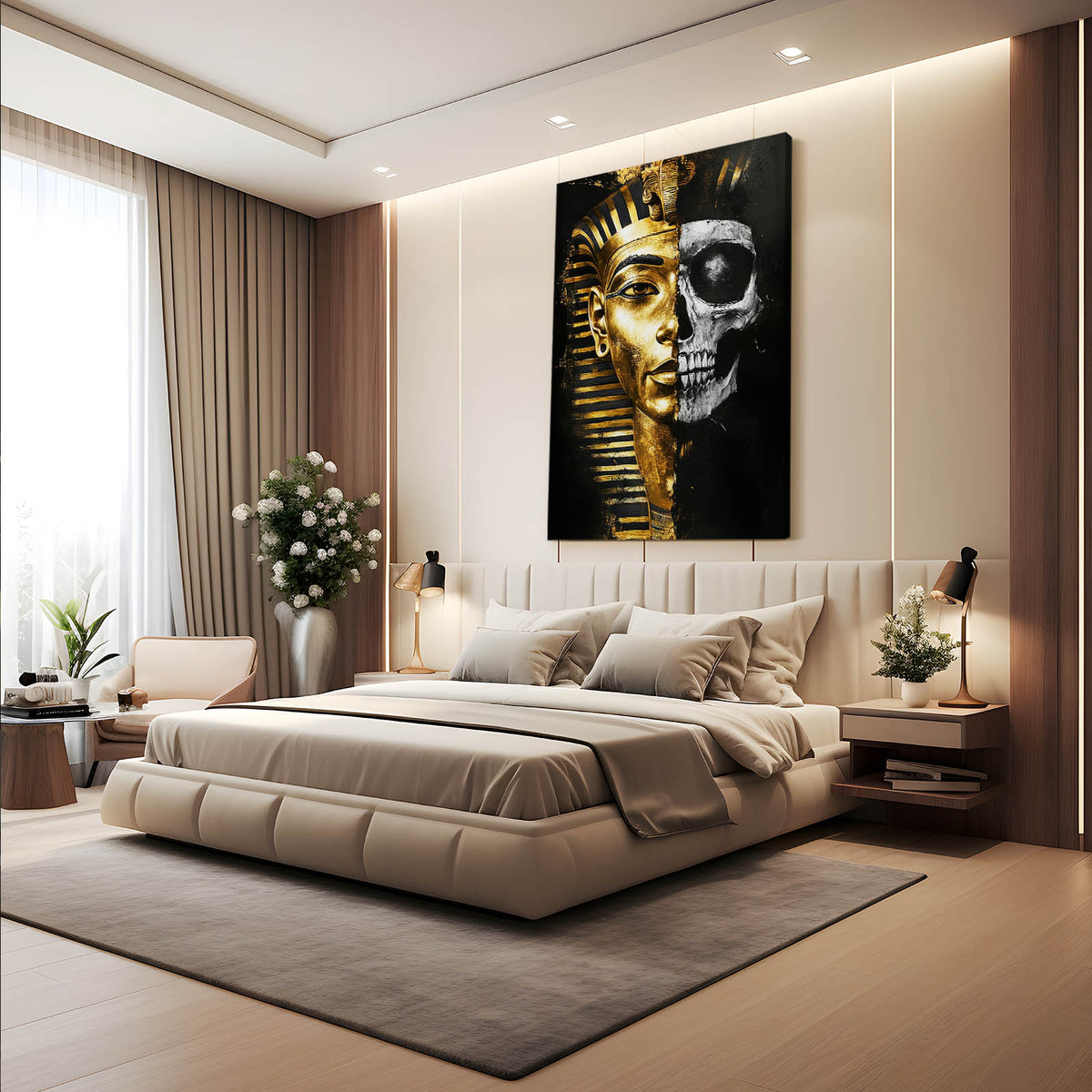 Golden Pharaoh Skull Egyptian Wall Art — contemporary canvas print, styled in a furnished interior