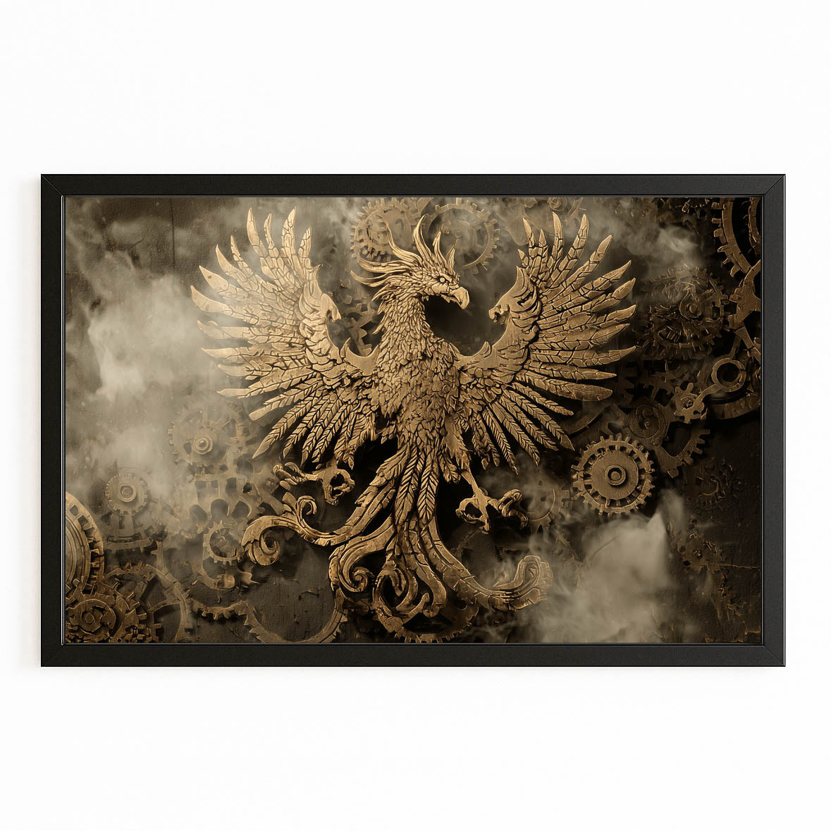 Golden Phoenix Emblem Steampunk Canvas Art – with Premium Black frame on white background