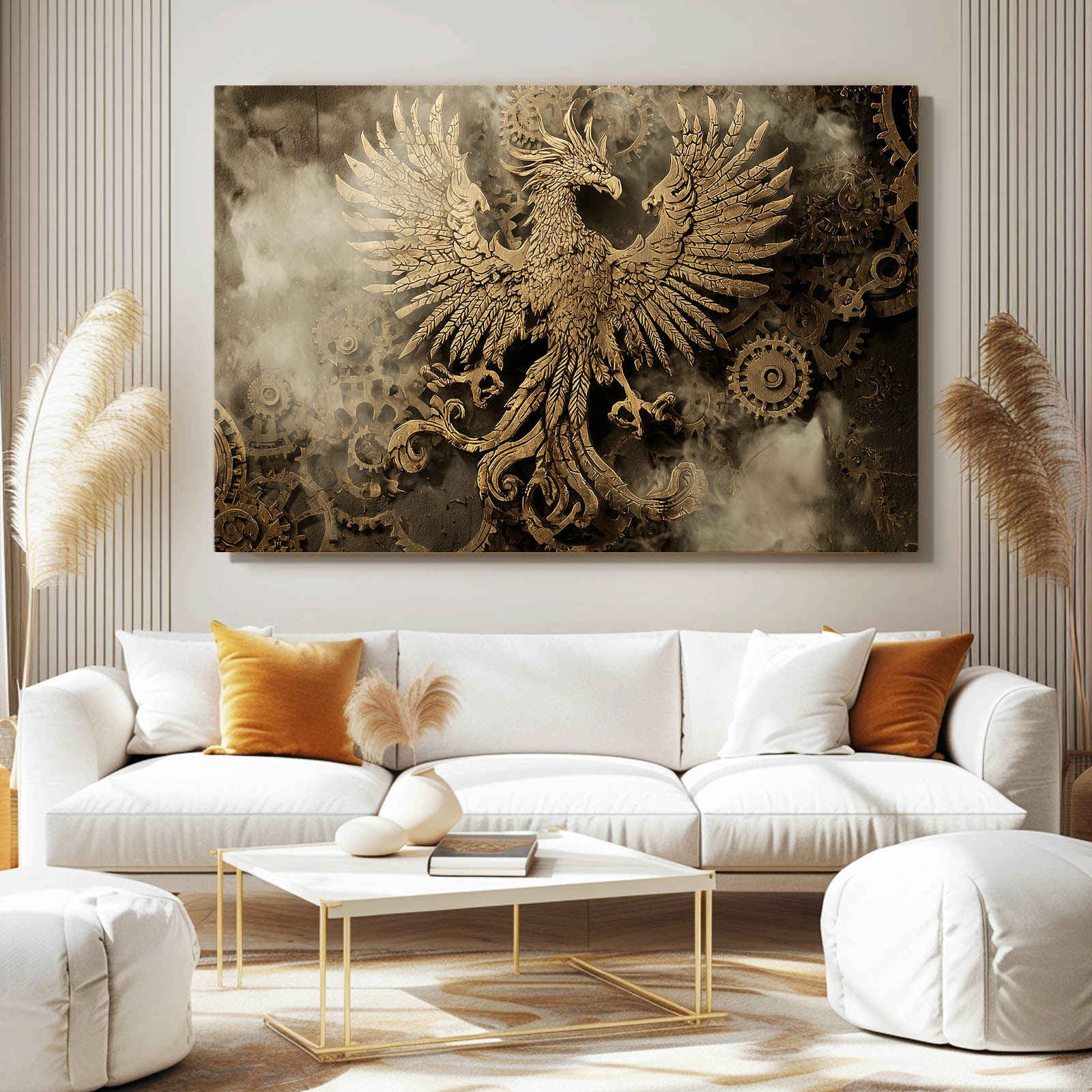 Golden Phoenix Emblem Steampunk Canvas Art – styled in a furnished interior