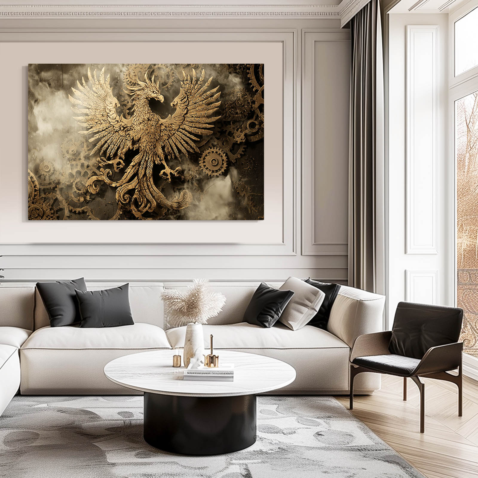 Golden Phoenix Emblem Steampunk Canvas Art – styled in a furnished interior