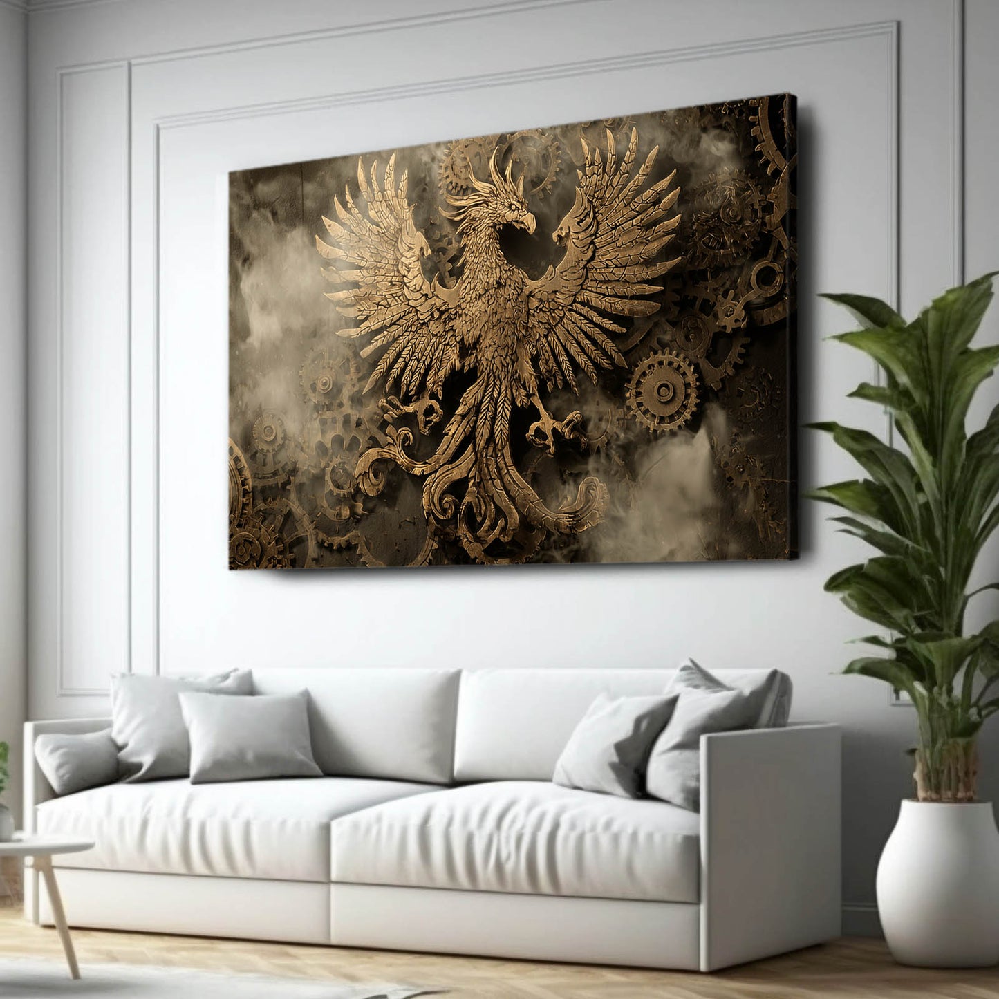 Golden Phoenix Emblem Steampunk Canvas Art – styled in a furnished interior