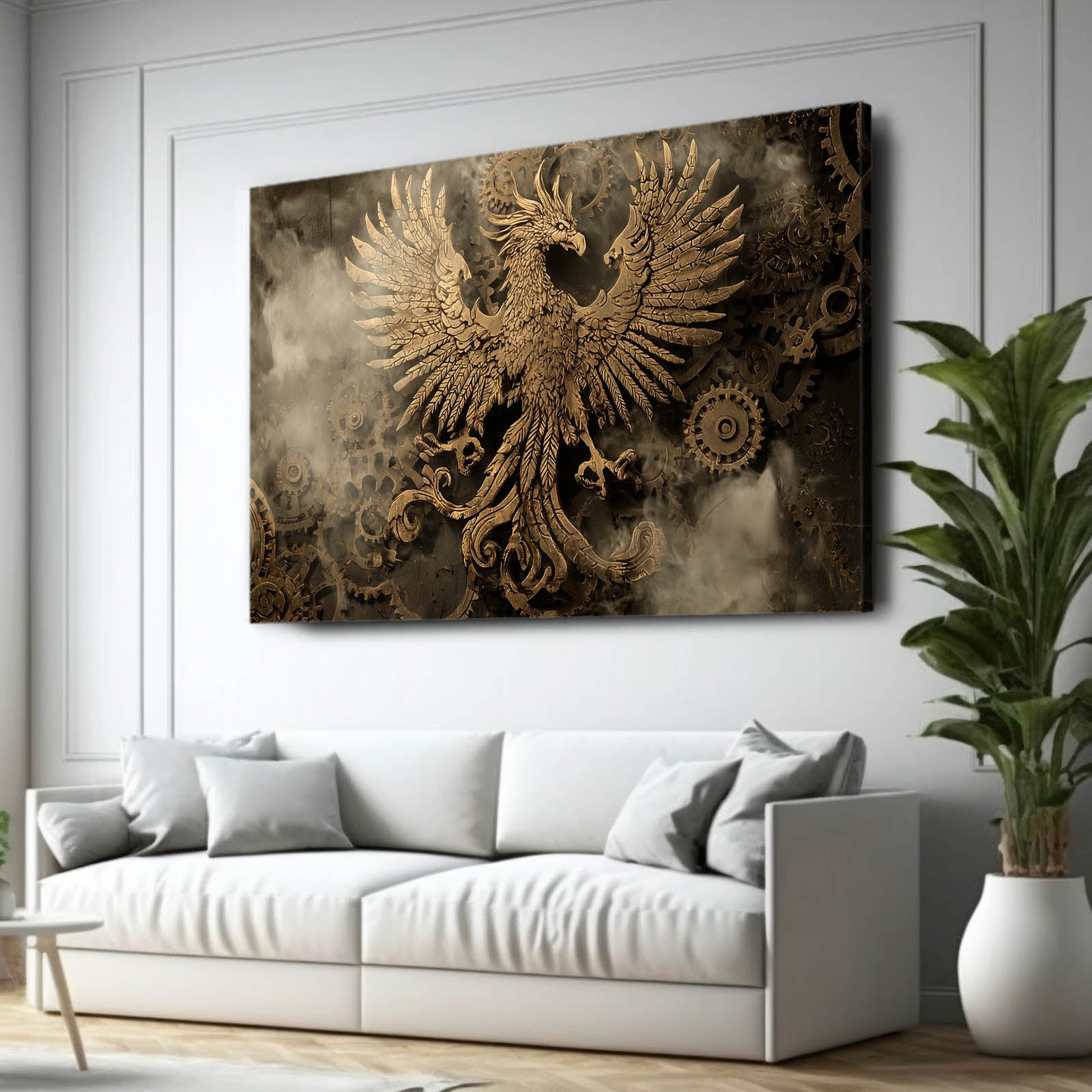 Golden Phoenix Emblem Steampunk Canvas Art – styled in a furnished interior