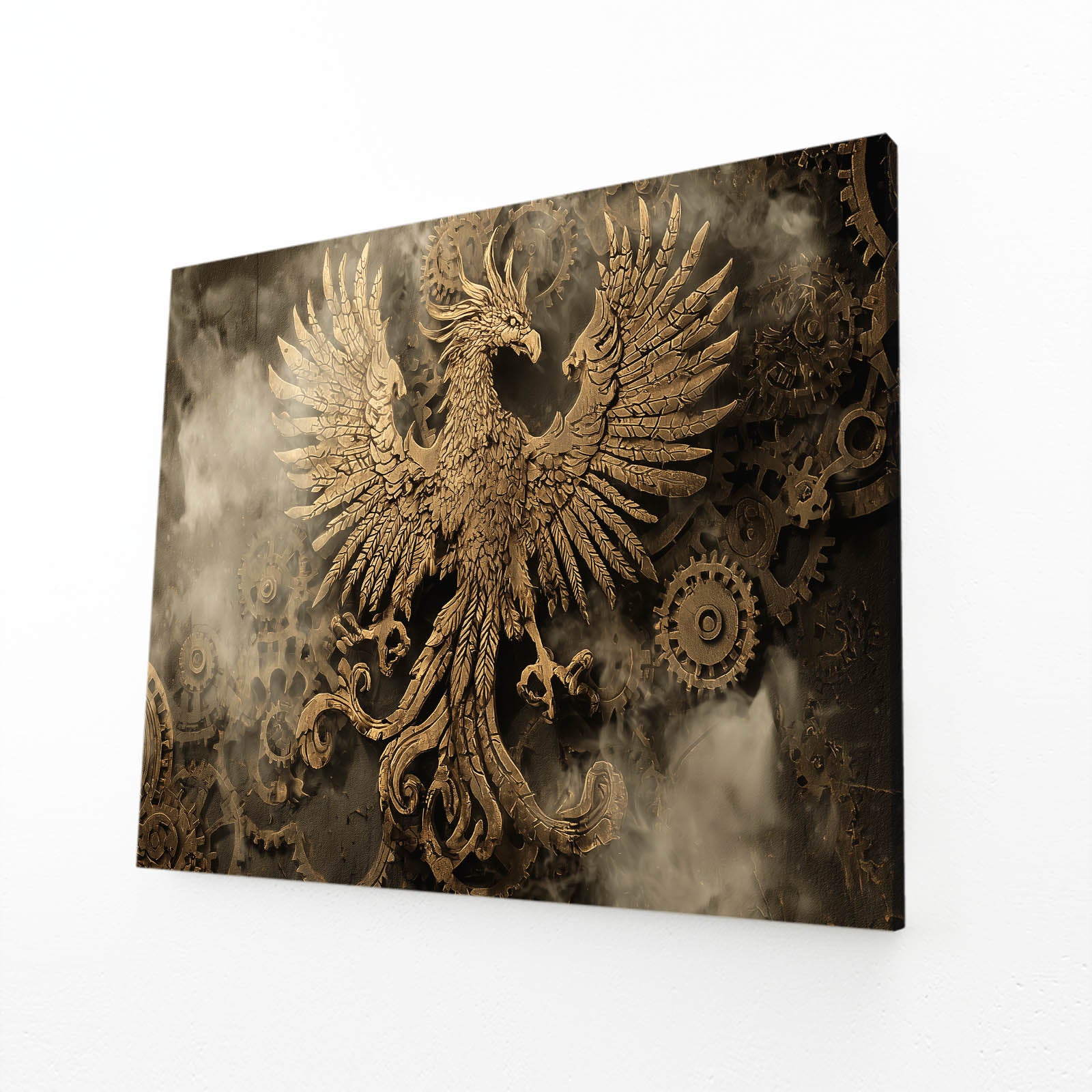 Golden Phoenix Emblem Steampunk Canvas Art – angled canvas view on white background