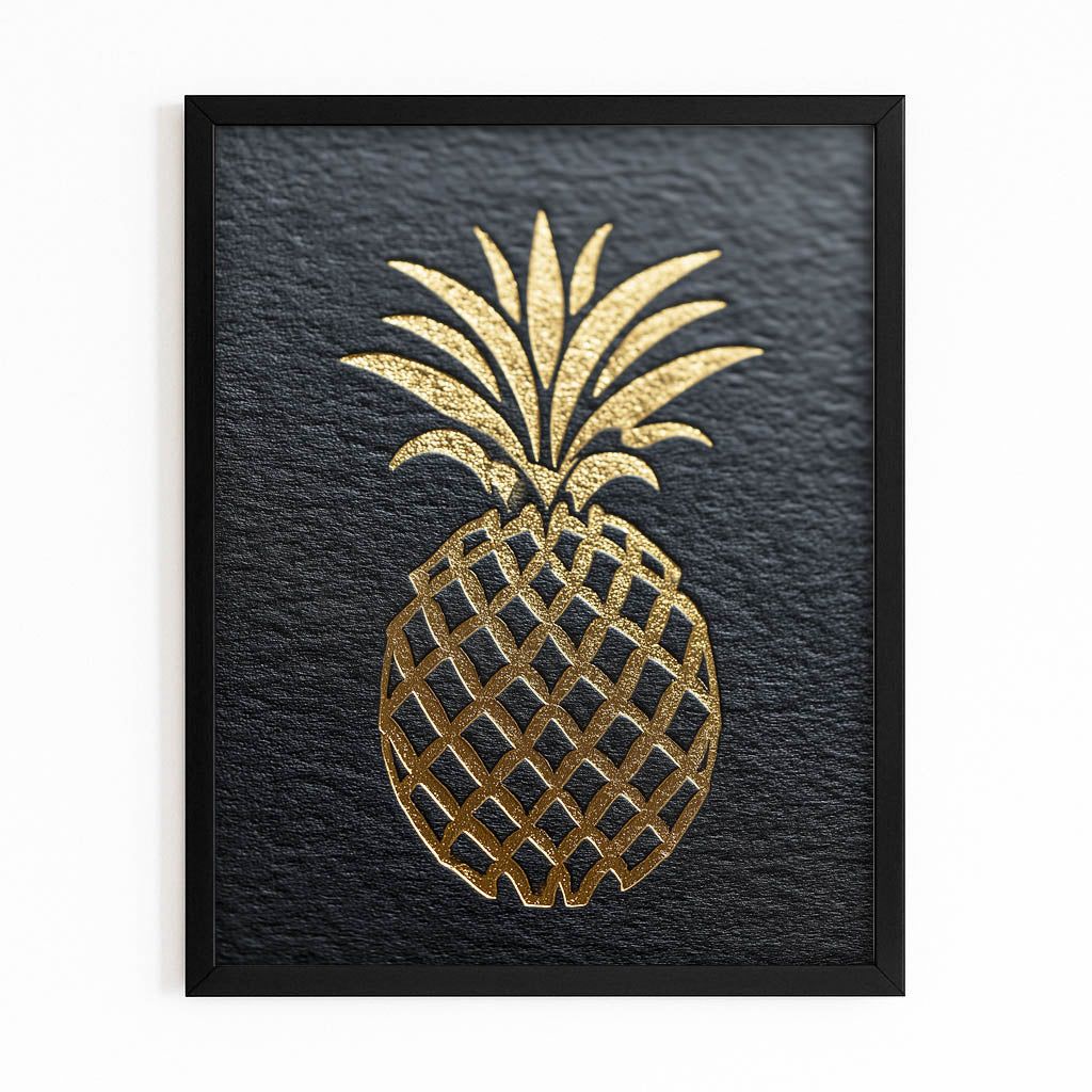 Golden Pineapple Slate Fruit Canvas Art – with Premium Black frame on white background
