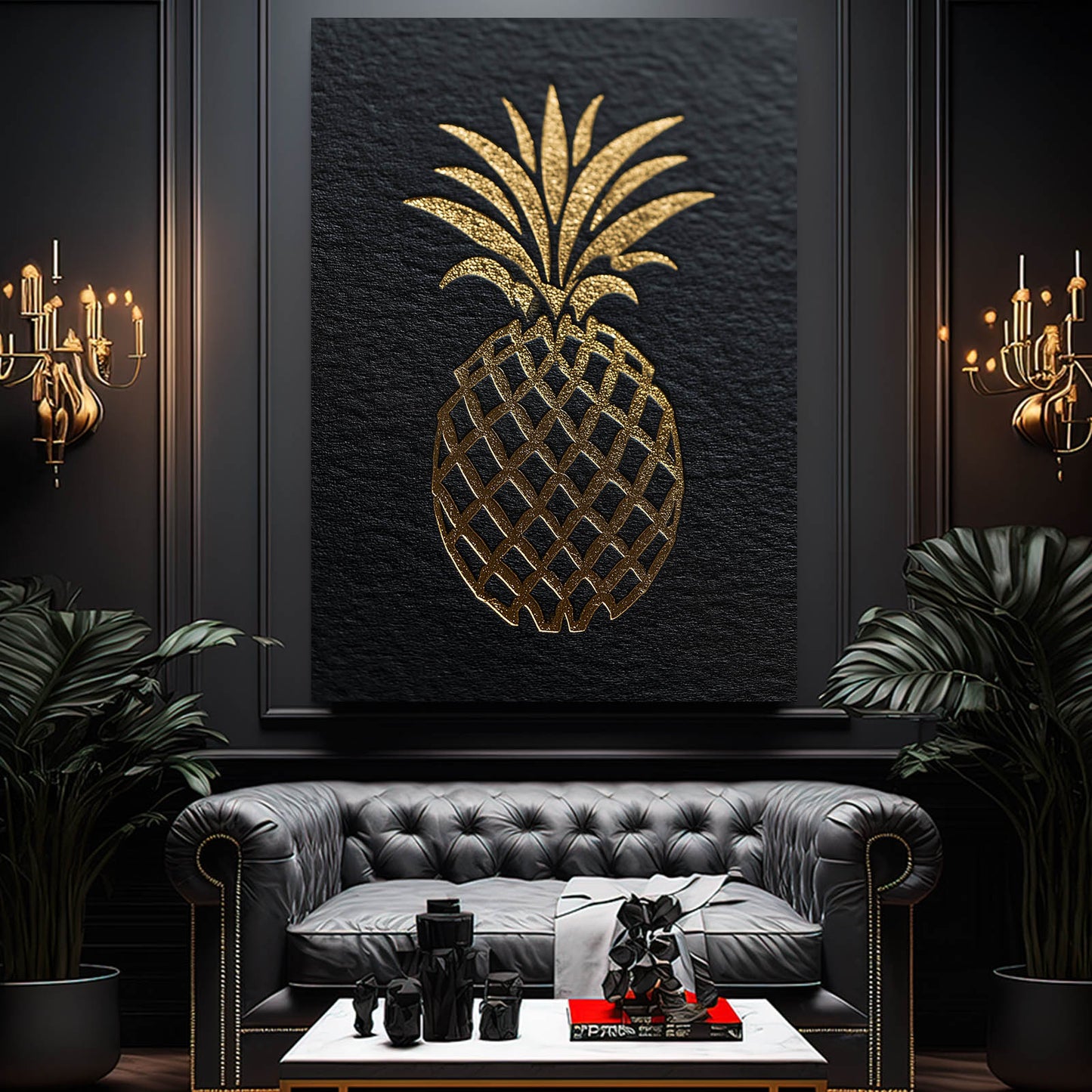 Golden Pineapple Slate Fruit Canvas Art – styled in a furnished interior